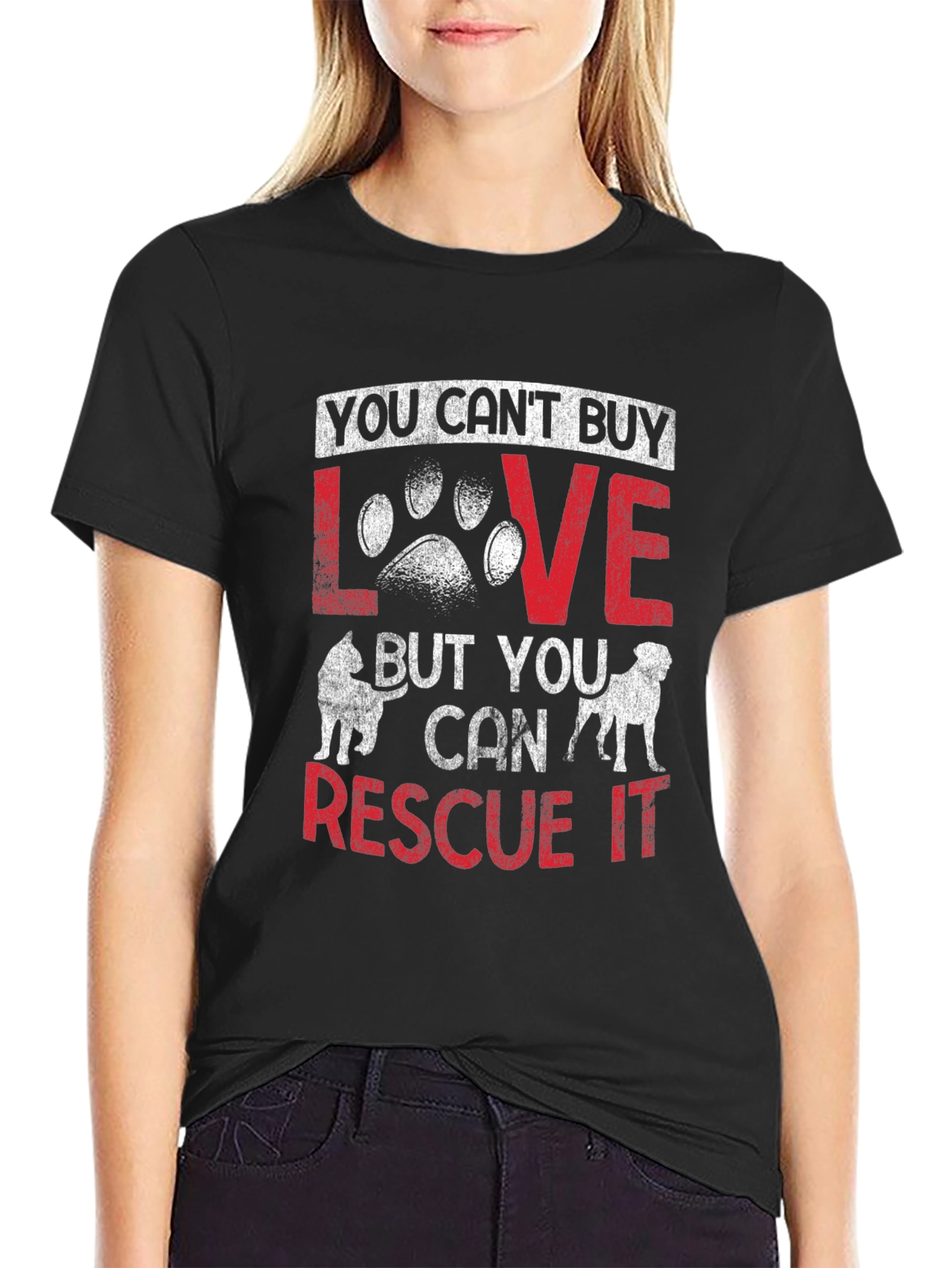 Black Rescue Dog Lover T-Shirt - "You Can't Buy Love, Rescue It" view 2