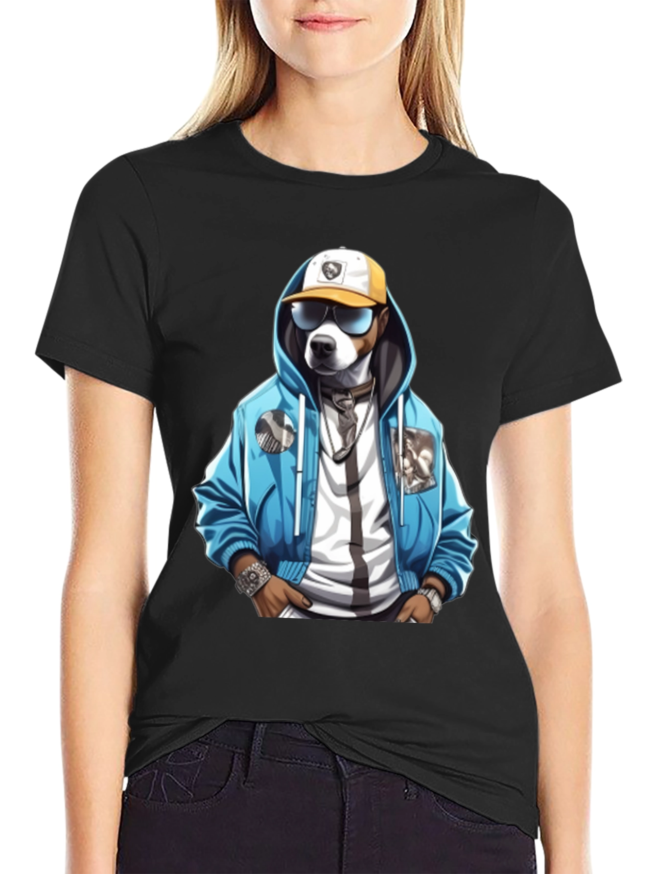 Black Dog in Hoodie Graphic Tee - Cool Streetwear Style view 2