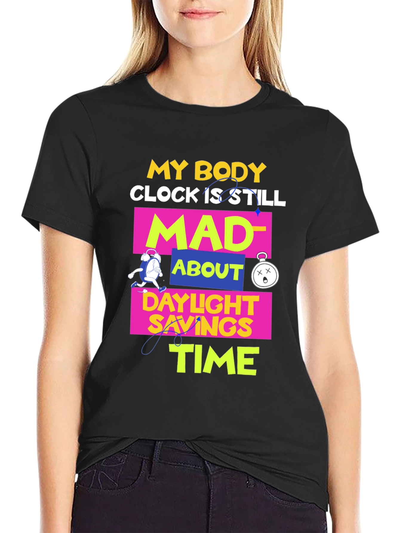 Black Daylight Savings Time T-Shirt Funny Body Clock Mad Tee view 2