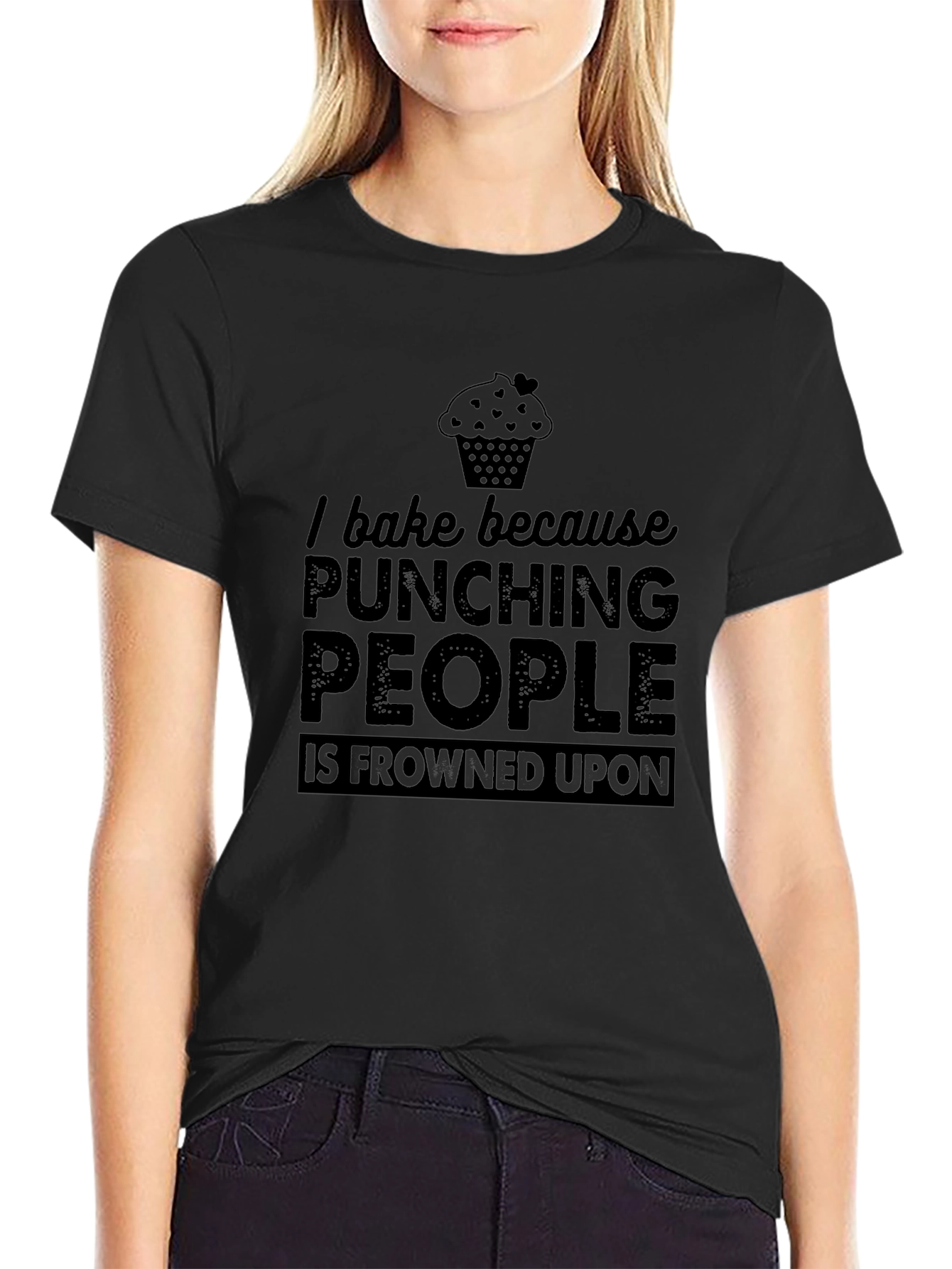 Black Baking Humor T-Shirt - Punching People Frowned Upon view 2
