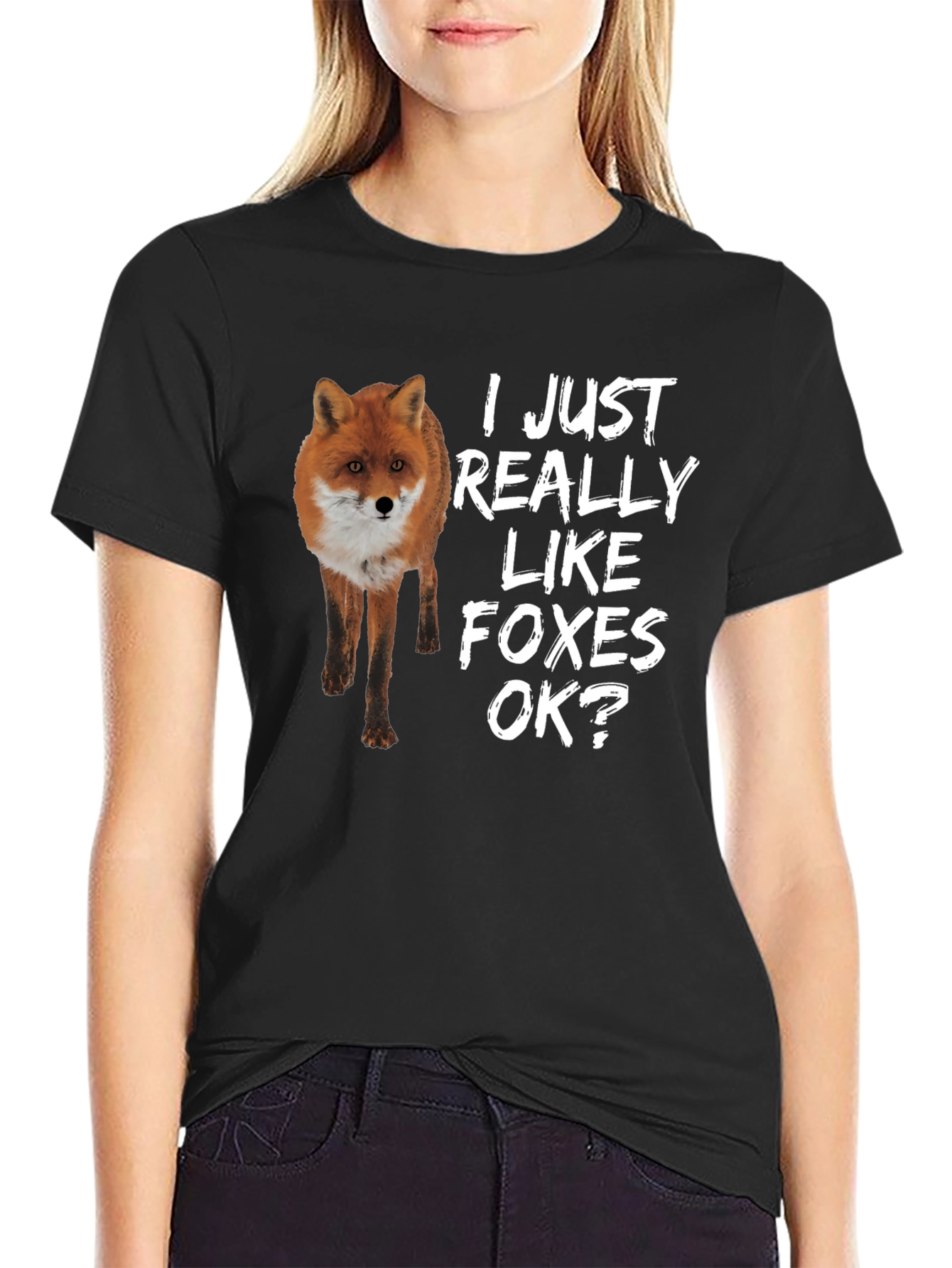 Black I Just Really Like Foxes OK? T-Shirt view 2