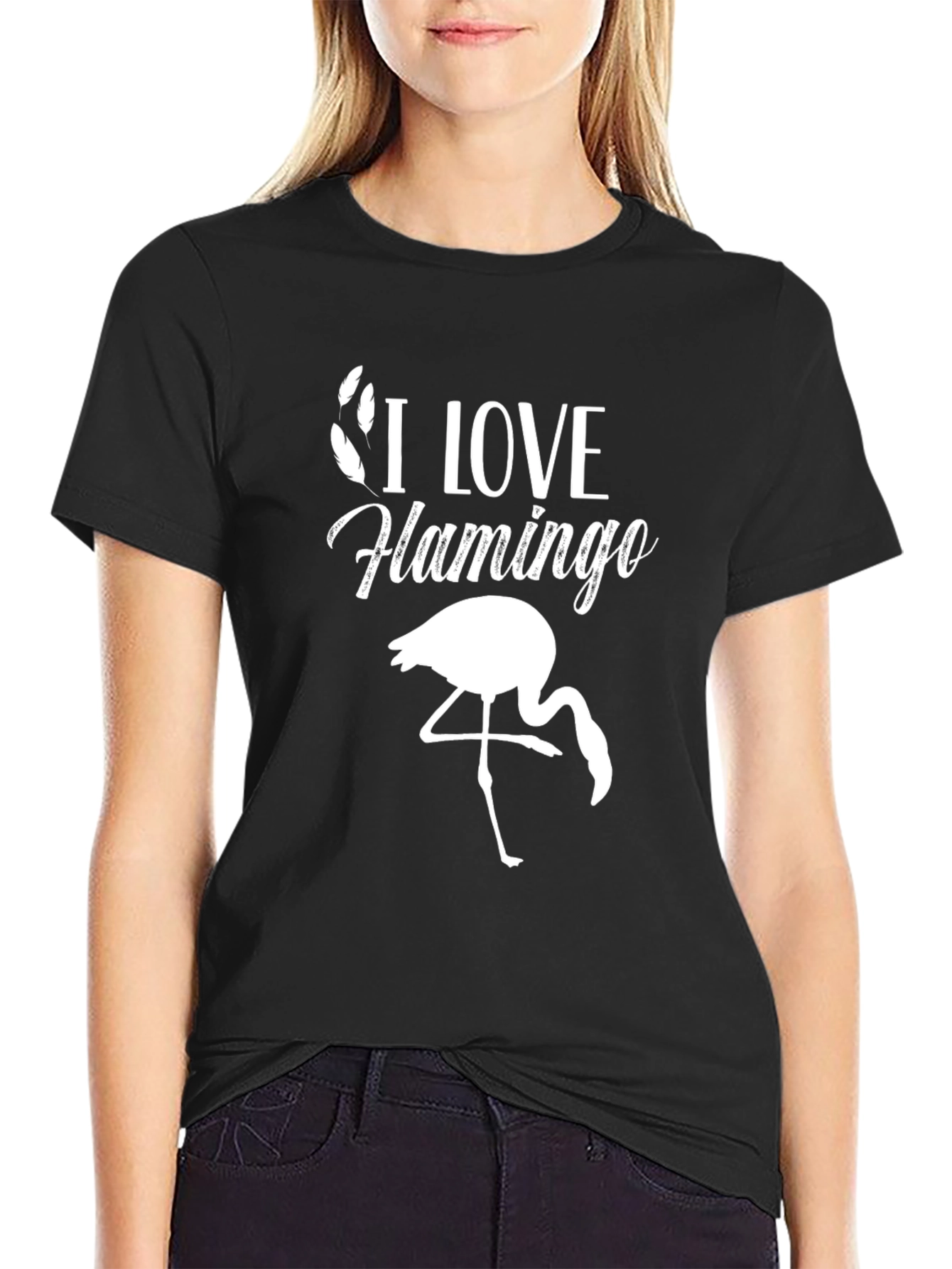 Black I Love Flamingo T-Shirt - Black Cotton Graphic Tee view 2