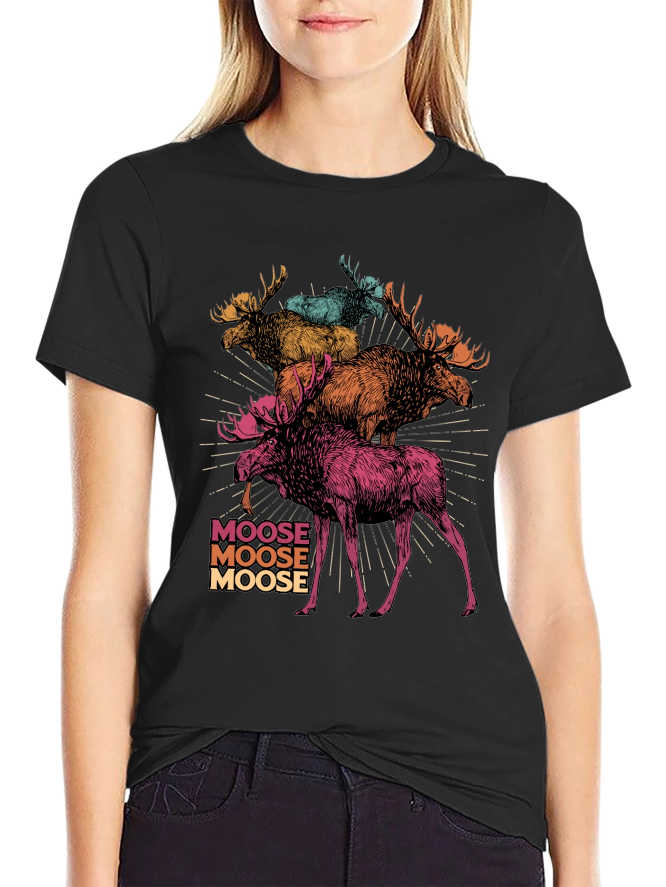 Black Moose Stack Graphic T-Shirt - Cool Colorful Design view 2