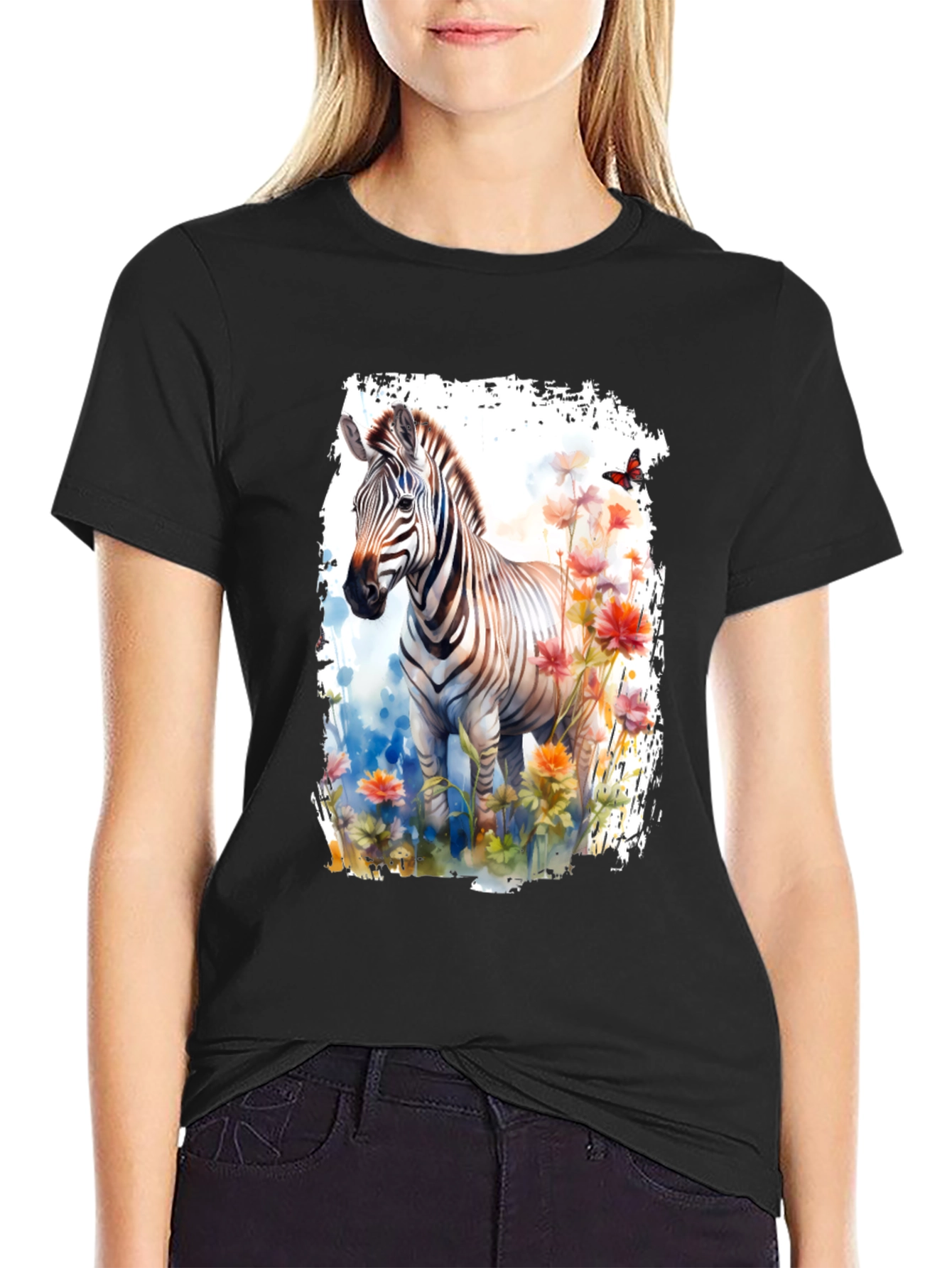 Black Zebra & Floral Graphic Black T-Shirt view 2