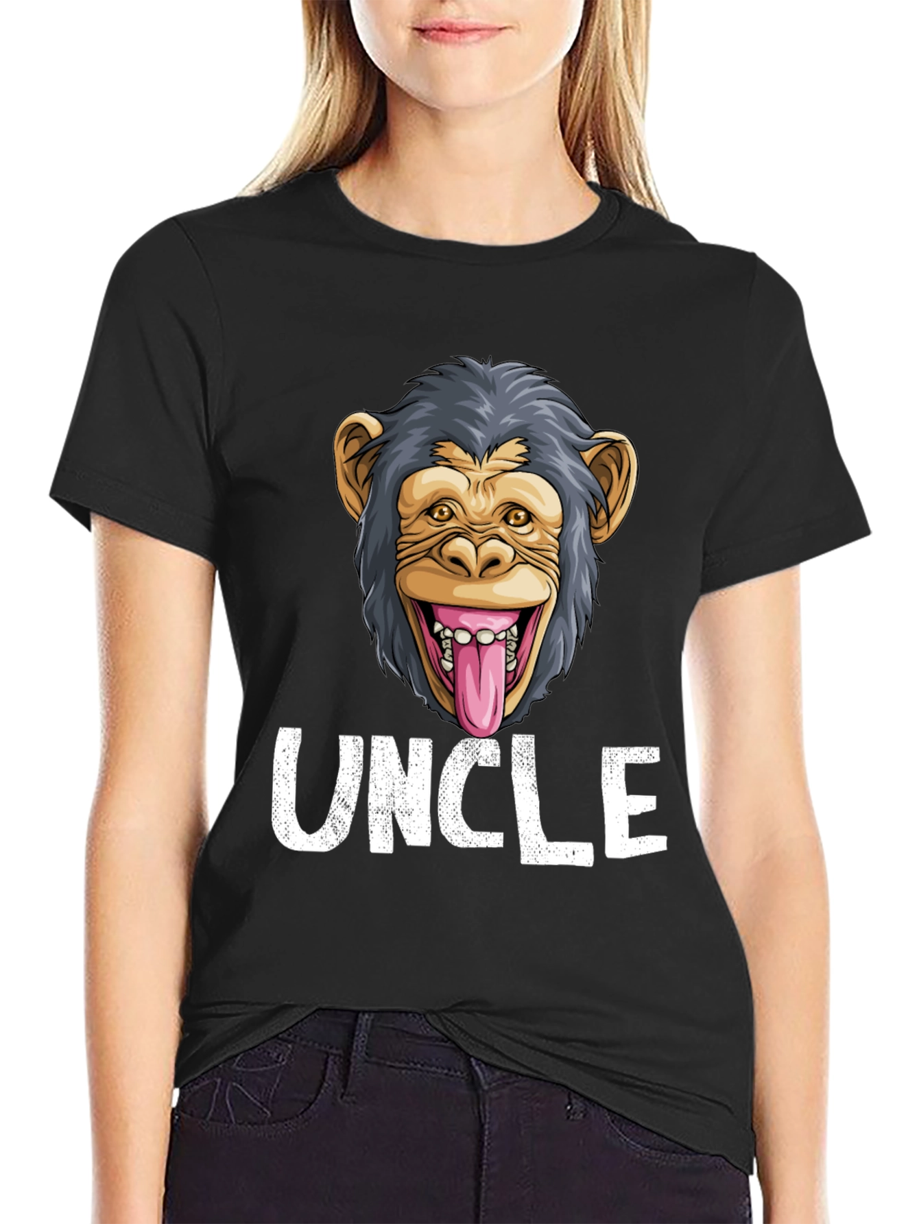Black Uncle Monkey Face Graphic T-Shirt - Funny Tee view 2