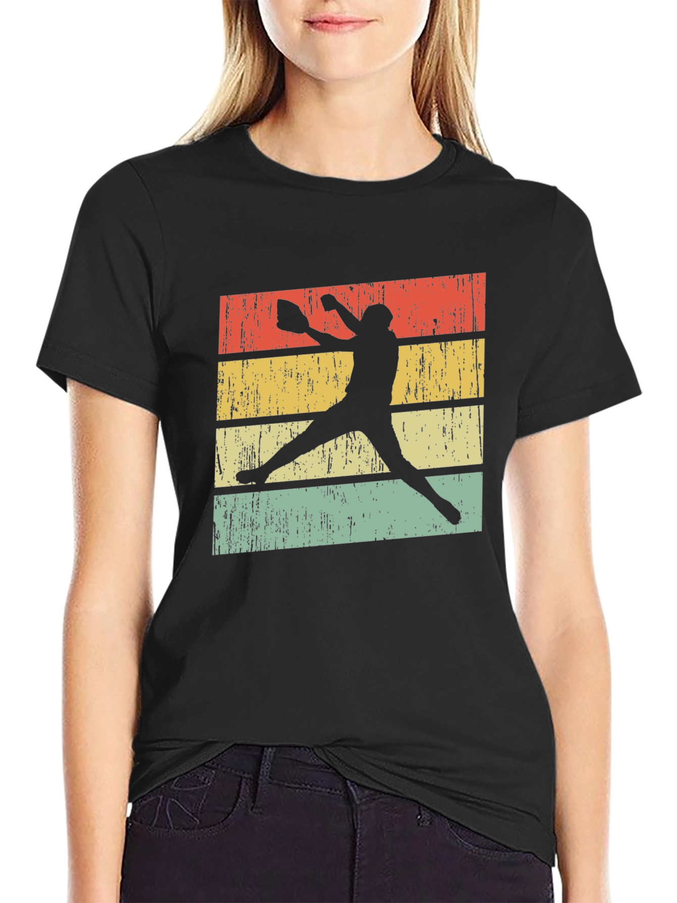 Black Vintage Softball Player T-Shirt view 2