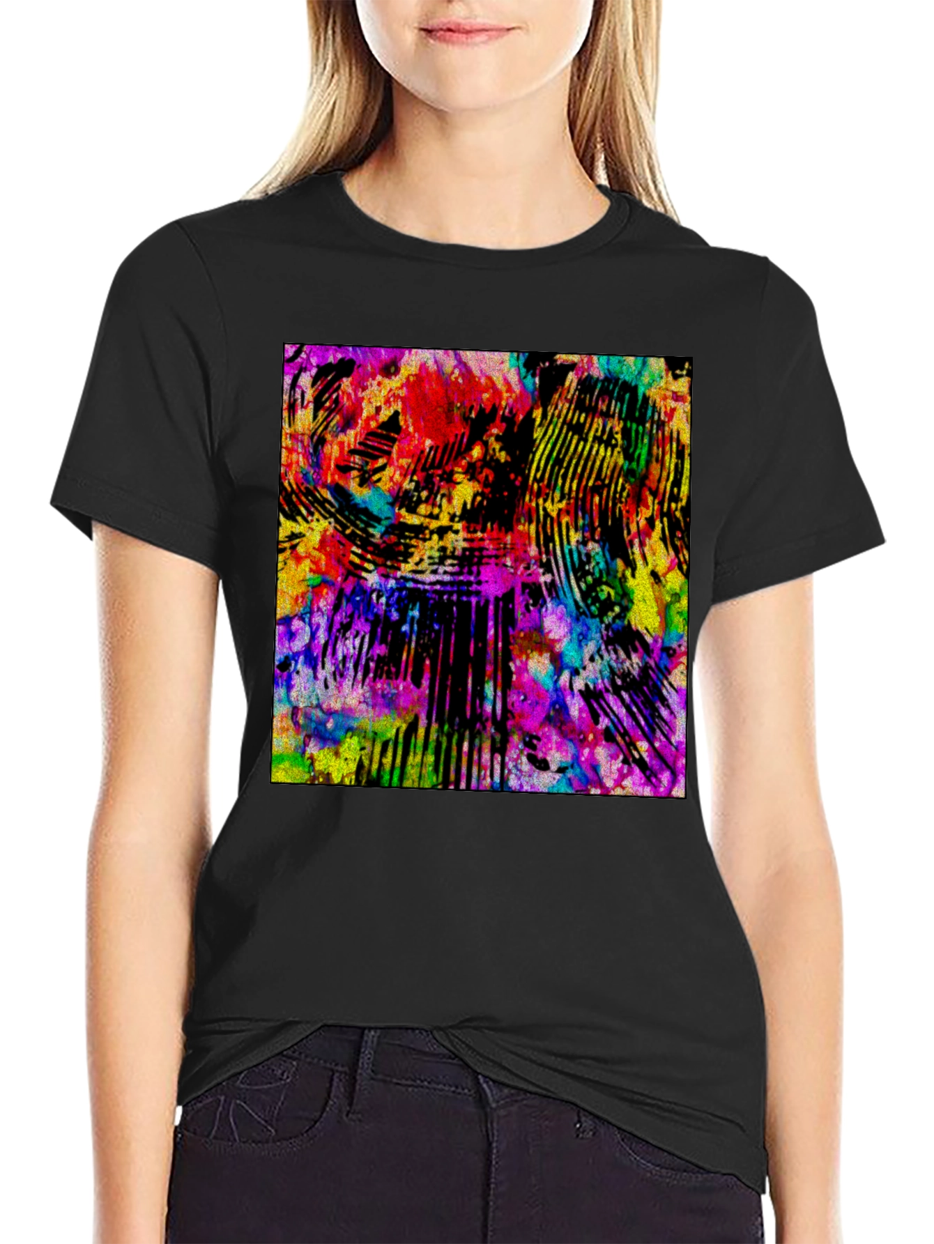 Black Abstract Art Graphic Print Black T-Shirt view 2