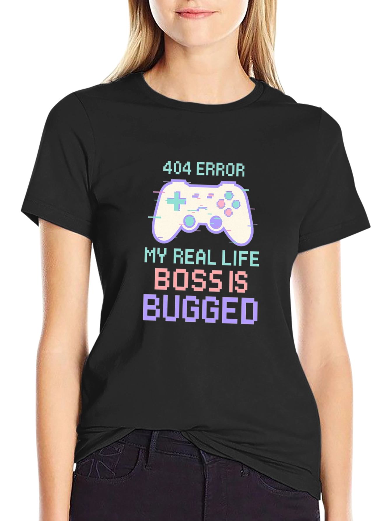 Black 404 Error Boss is Bugged T-Shirt Funny Gaming Tee view 2