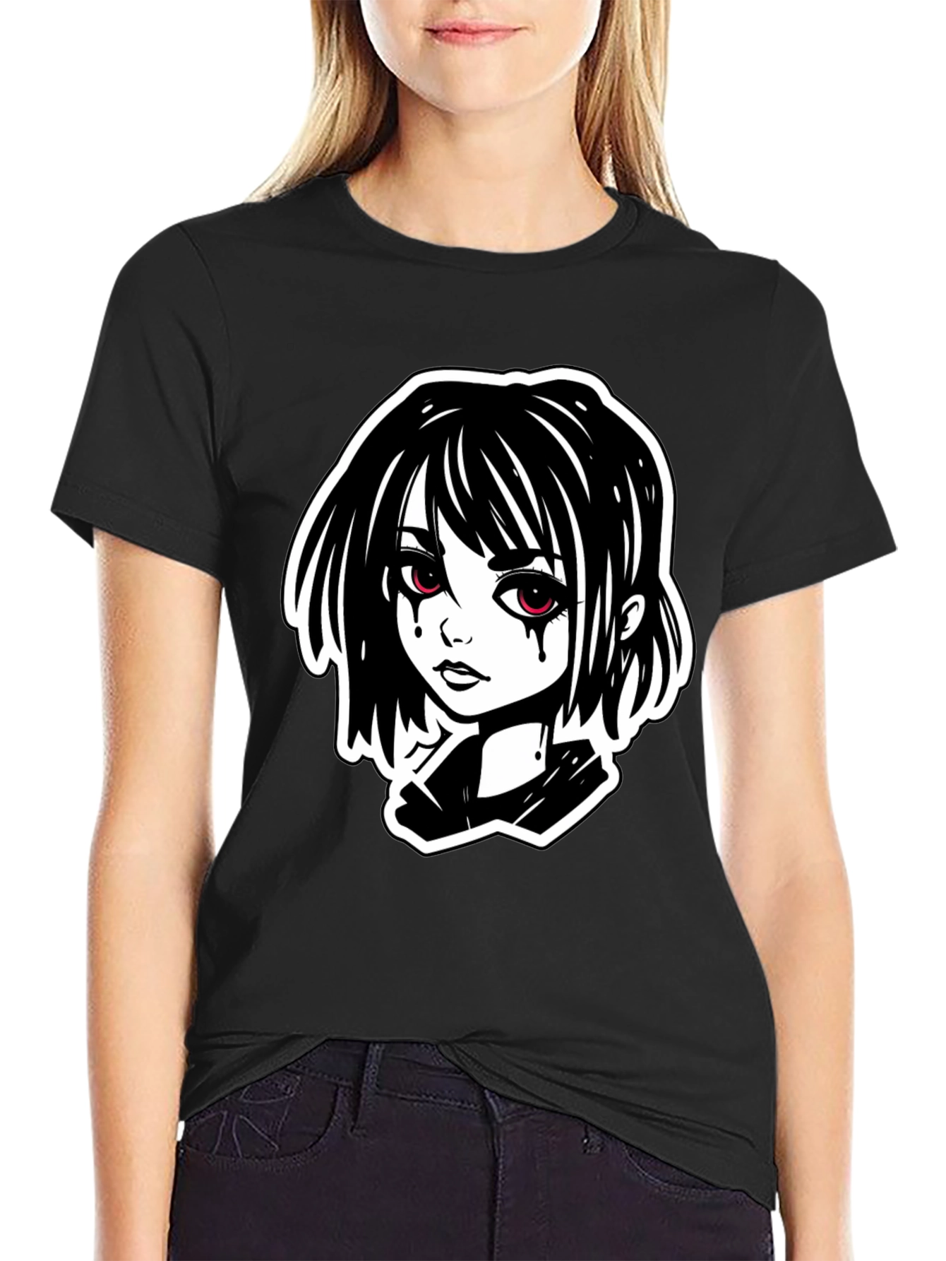 Black Gothic Anime Girl T-Shirt - Black view 2