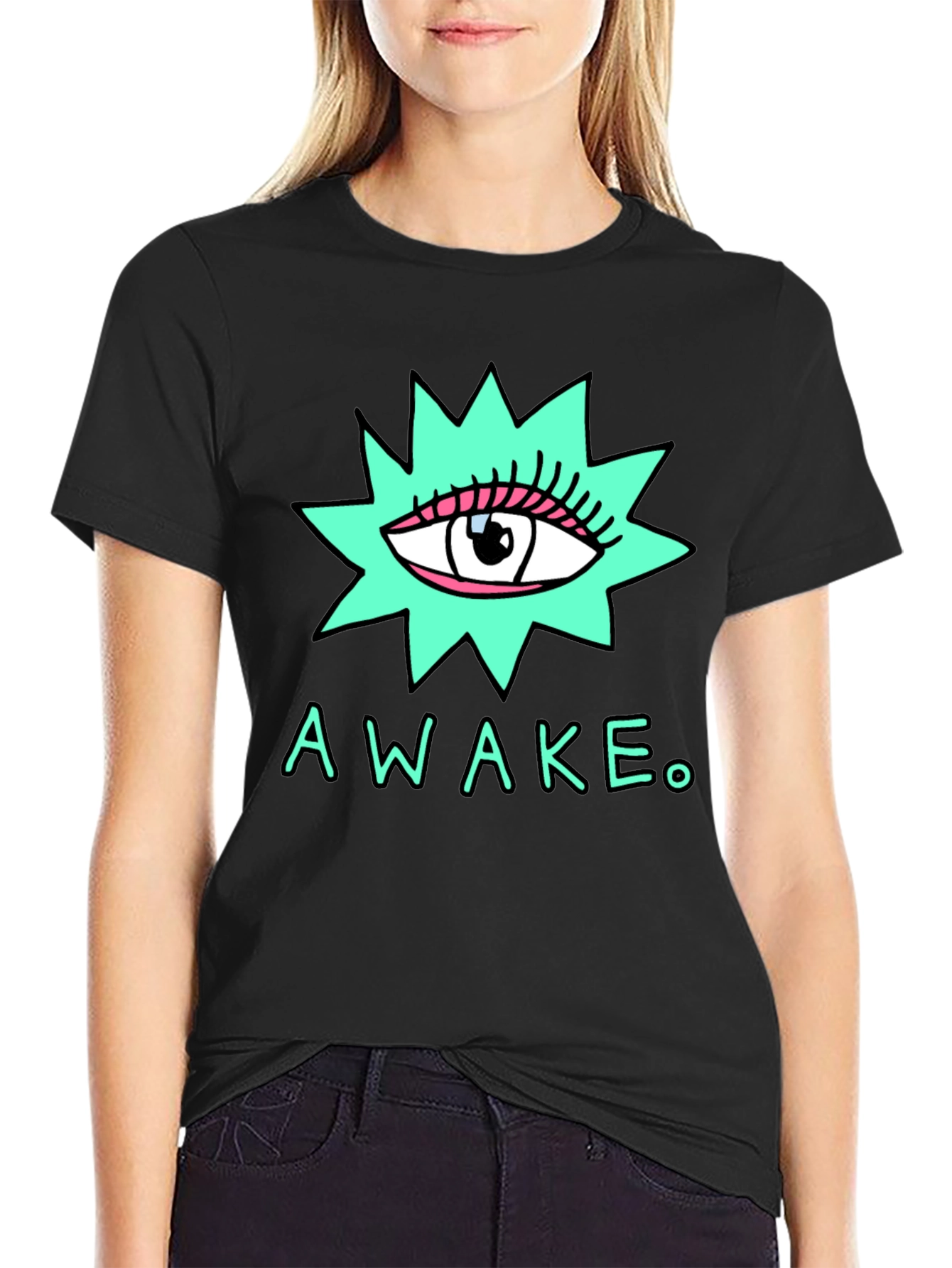 Black Eye-Catching "Awake" Graphic Print Black T-Shirt view 2