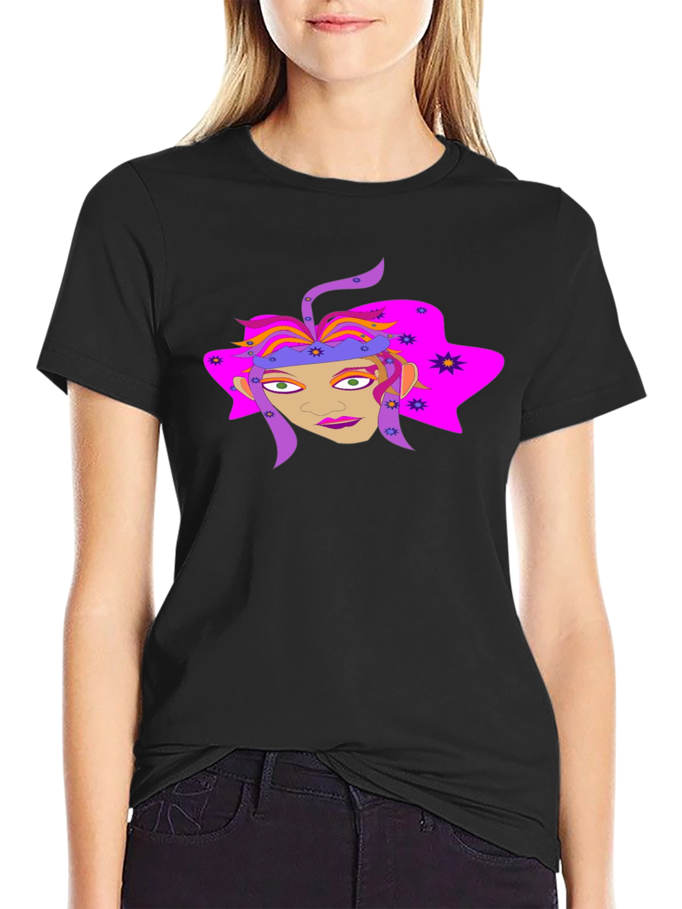 Black Funky Graphic Tee: Colorful Face Design view 2
