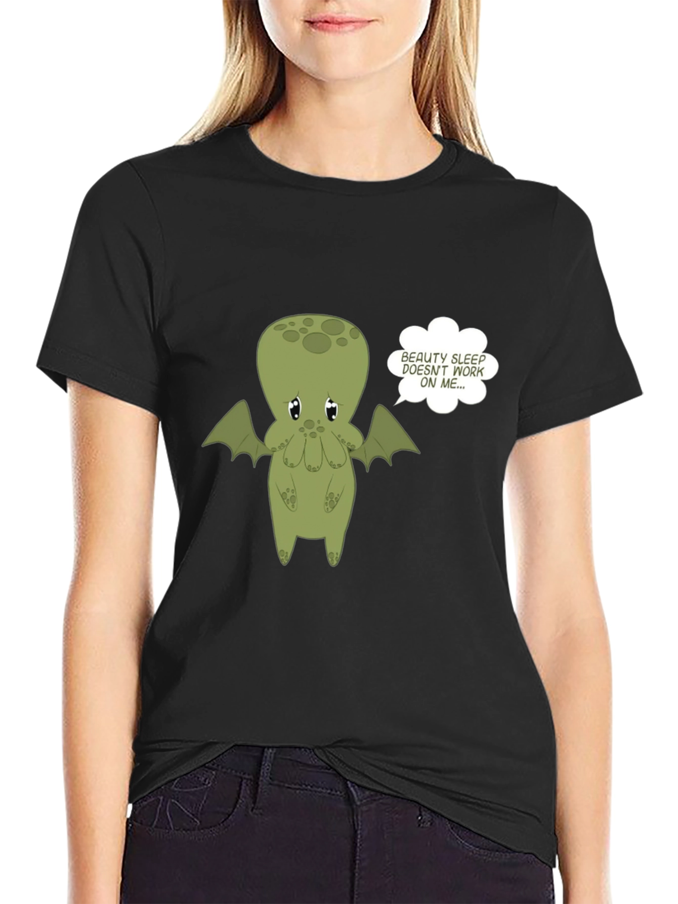 Black Cute Cthulhu 'Beauty Sleep' Graphic Tee - Black view 2