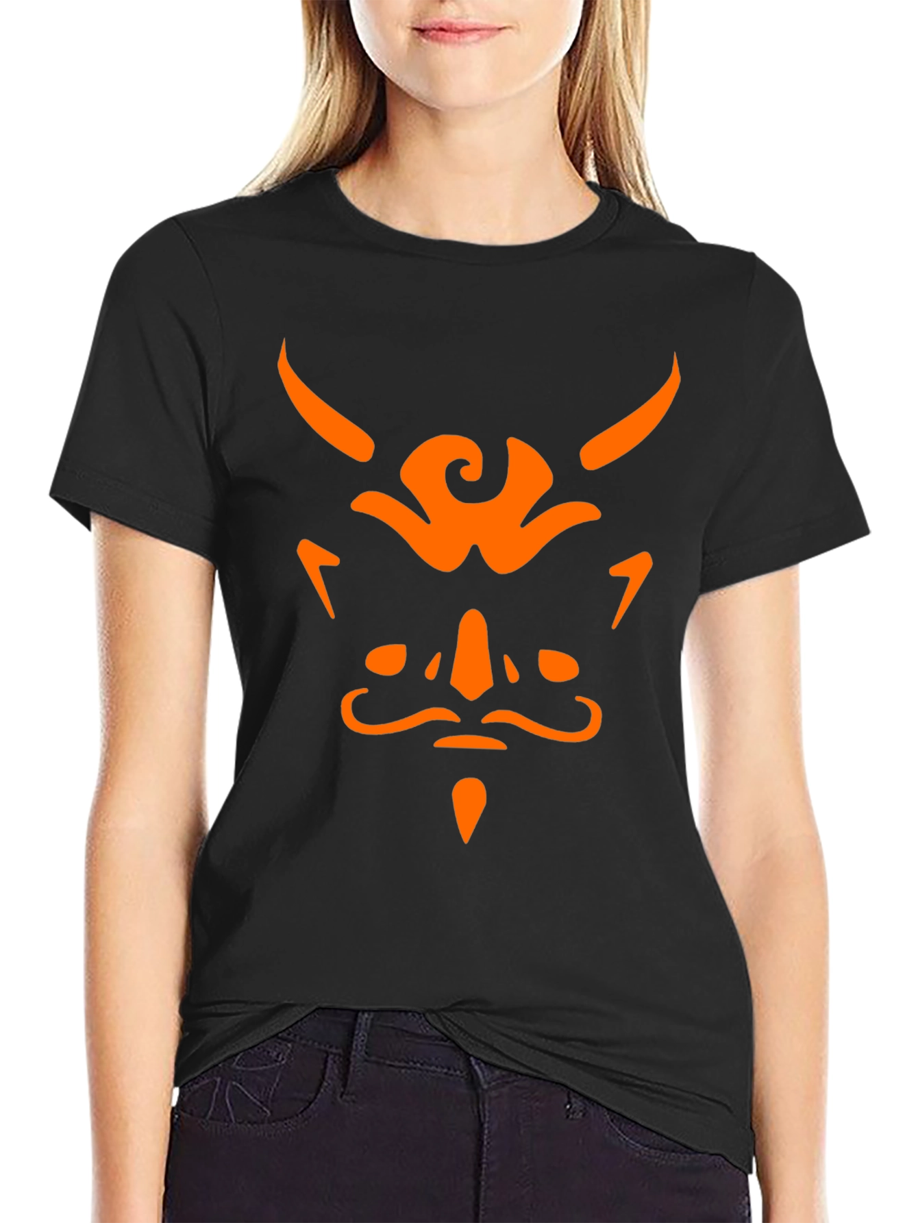 Black Men's Black T-Shirt with Orange Demon Graphic view 2