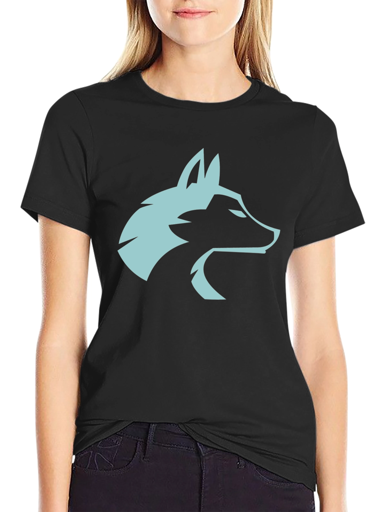 Black Cool Wolf Head Graphic Tee - Black Cotton Blend view 2