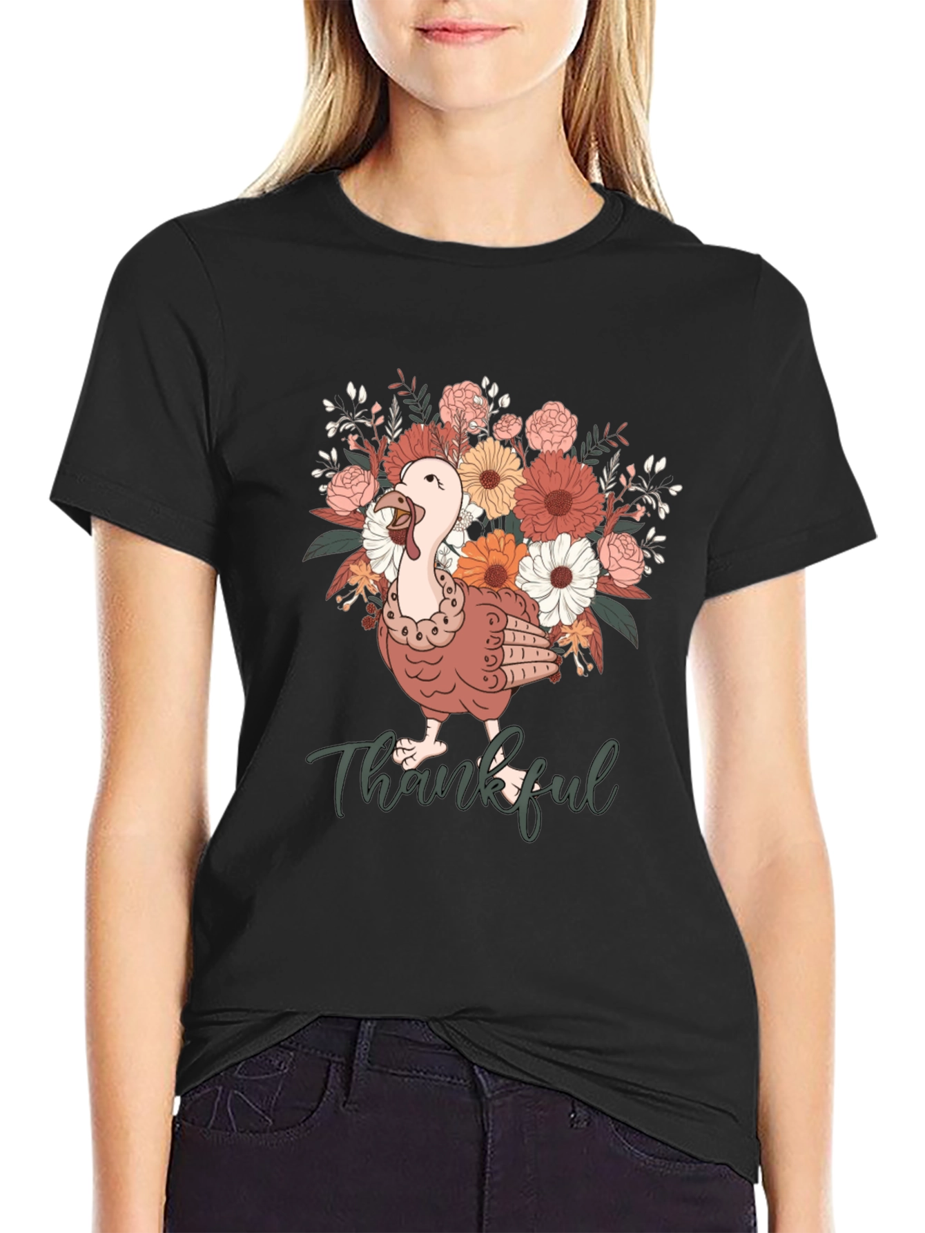 Black Thankful Turkey Floral T-Shirt view 2