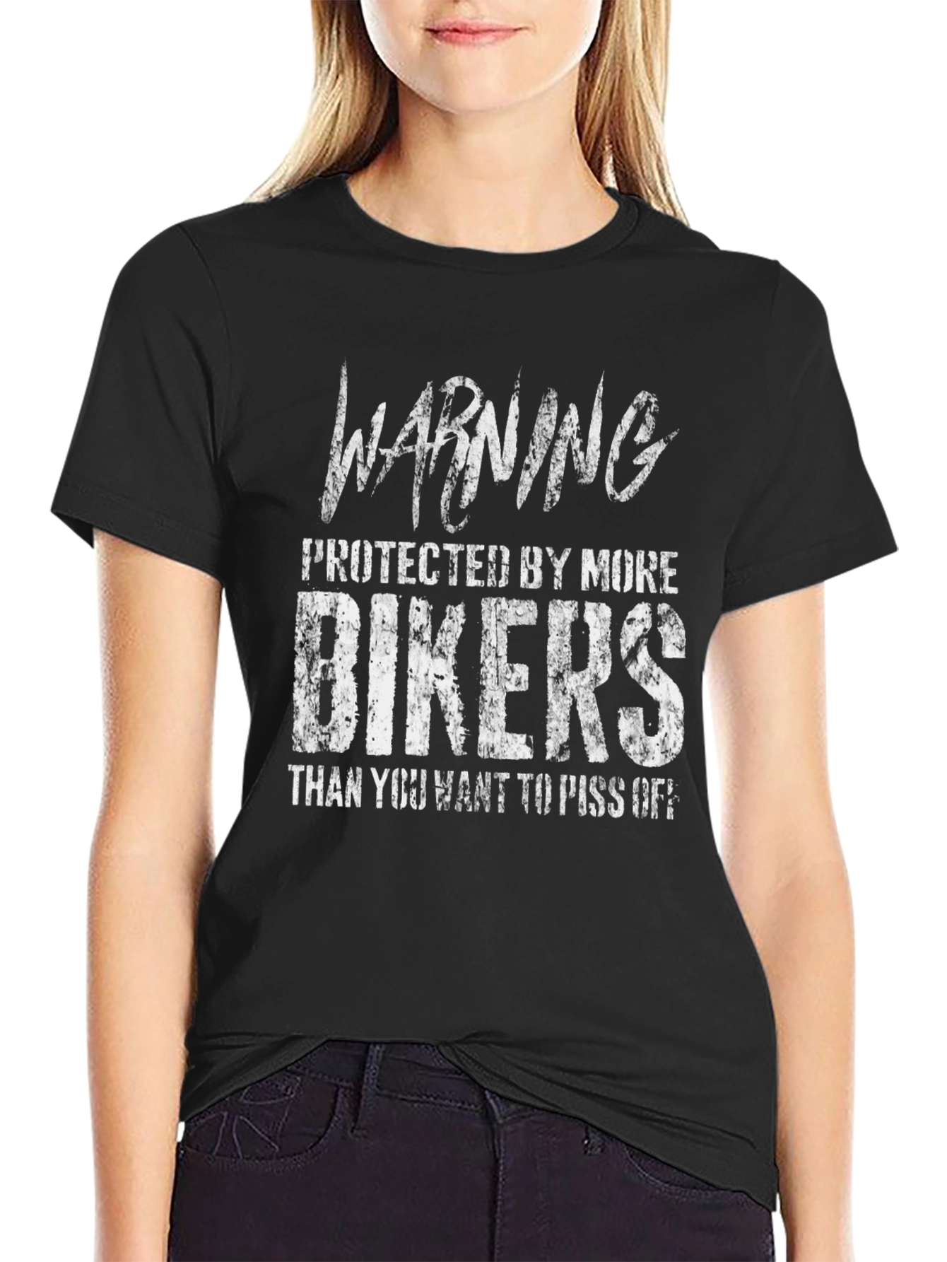 Black Warning Bikers T-Shirt: Protected by More Bikers view 2