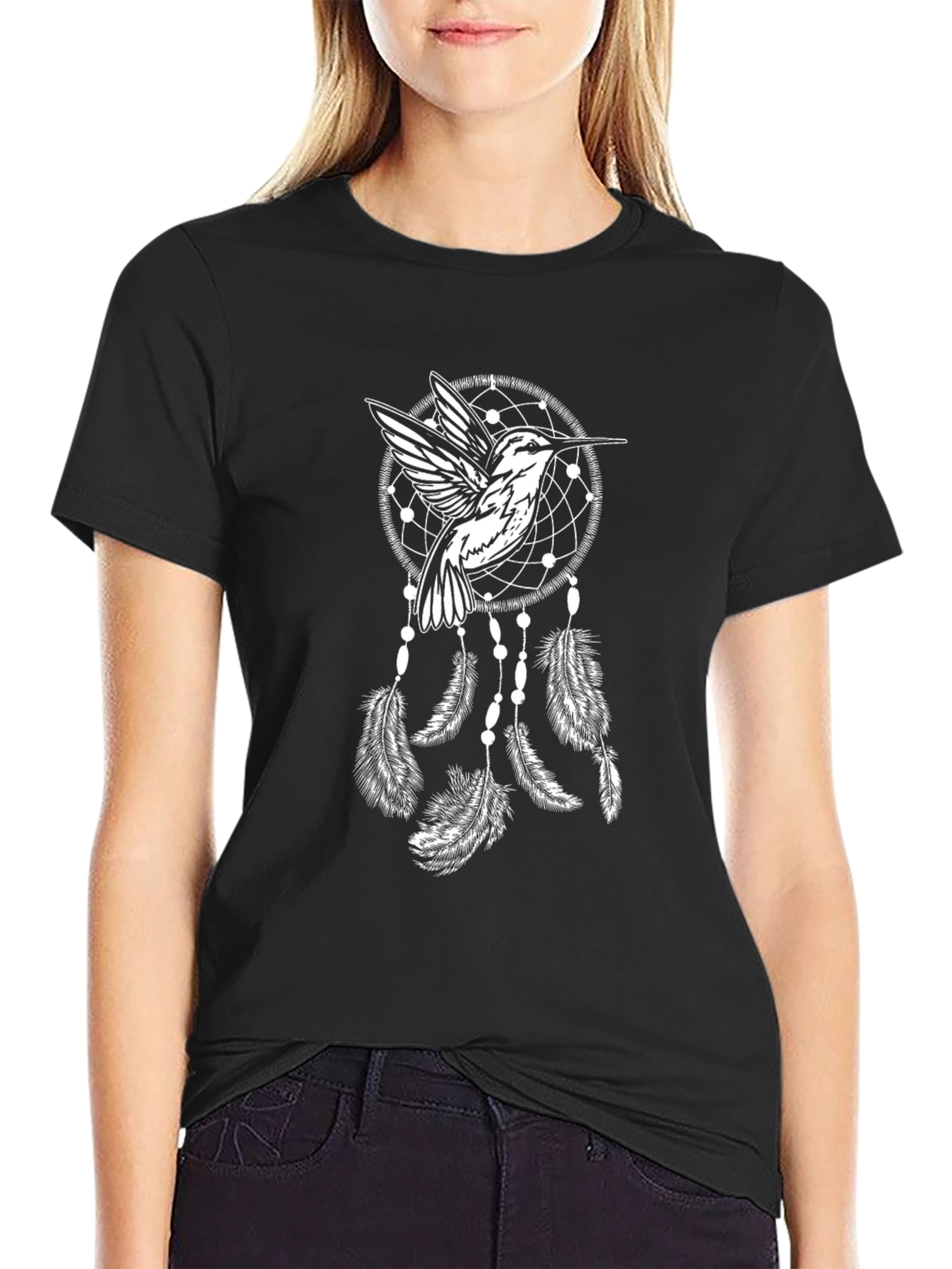 Black Hummingbird Dreamcatcher Black T-Shirt view 2