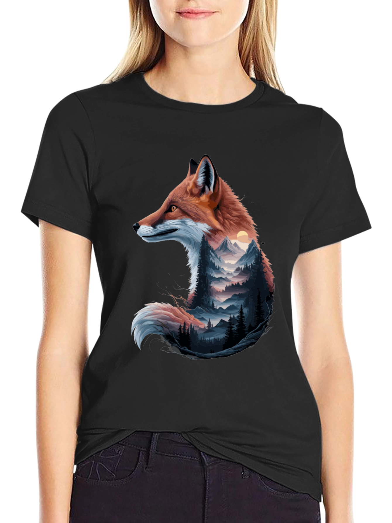 Black Fox & Mountain Graphic Tee - Nature Inspired Design view 2