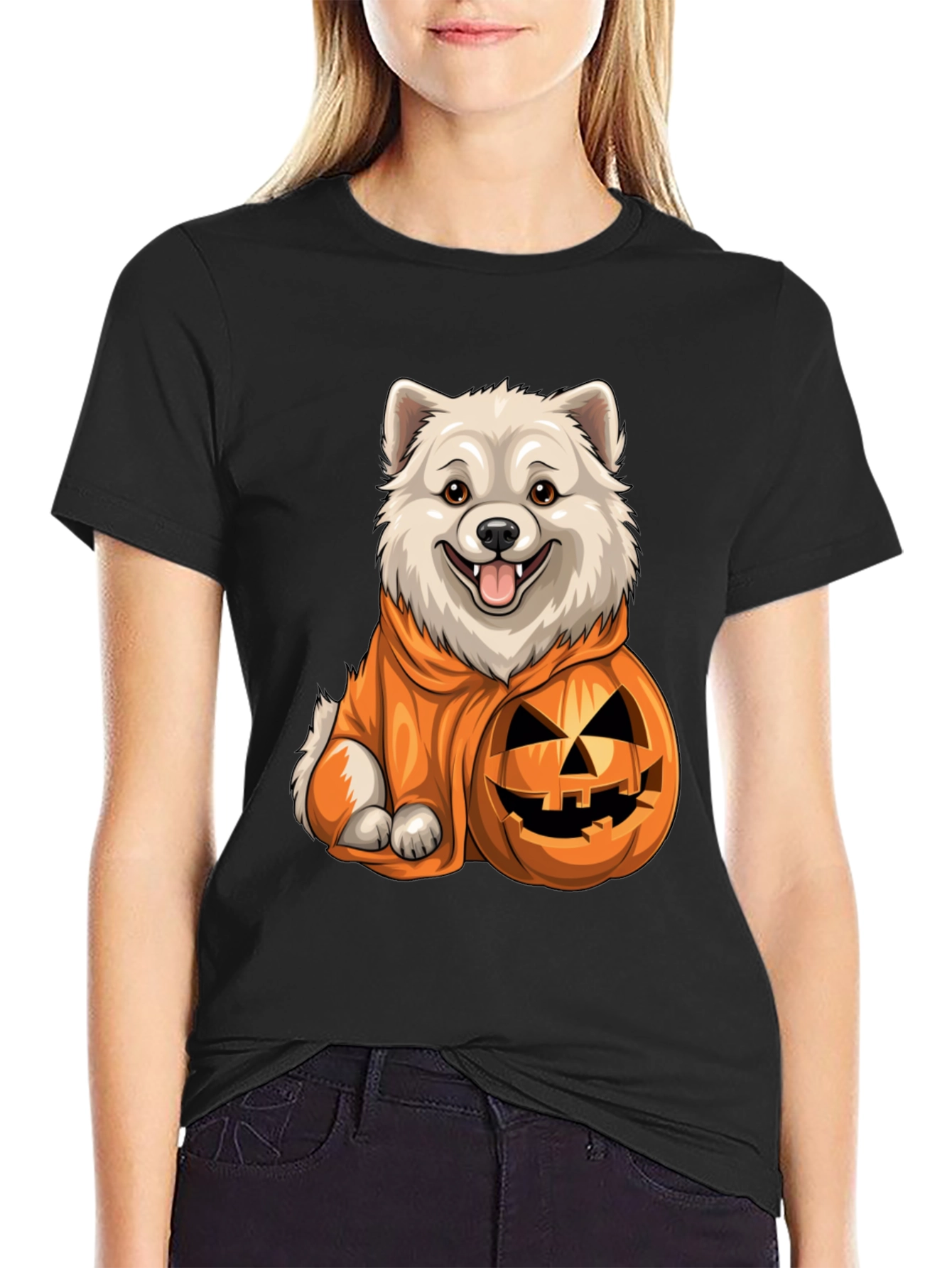 Black Dog in Pumpkin Costume T-Shirt view 2