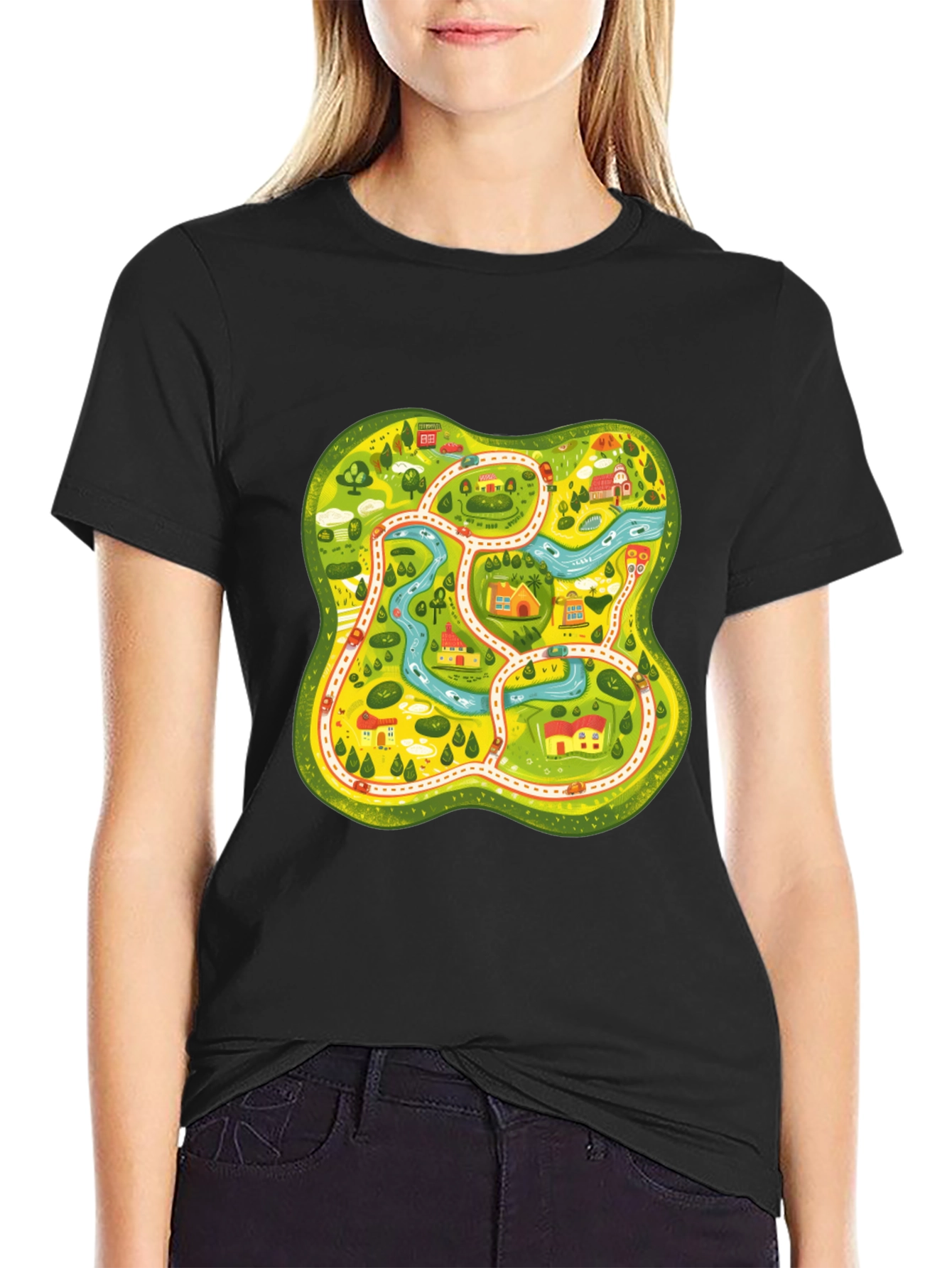 Cartoon Map Graphic Tee - Black Unisex T-Shirt - 2