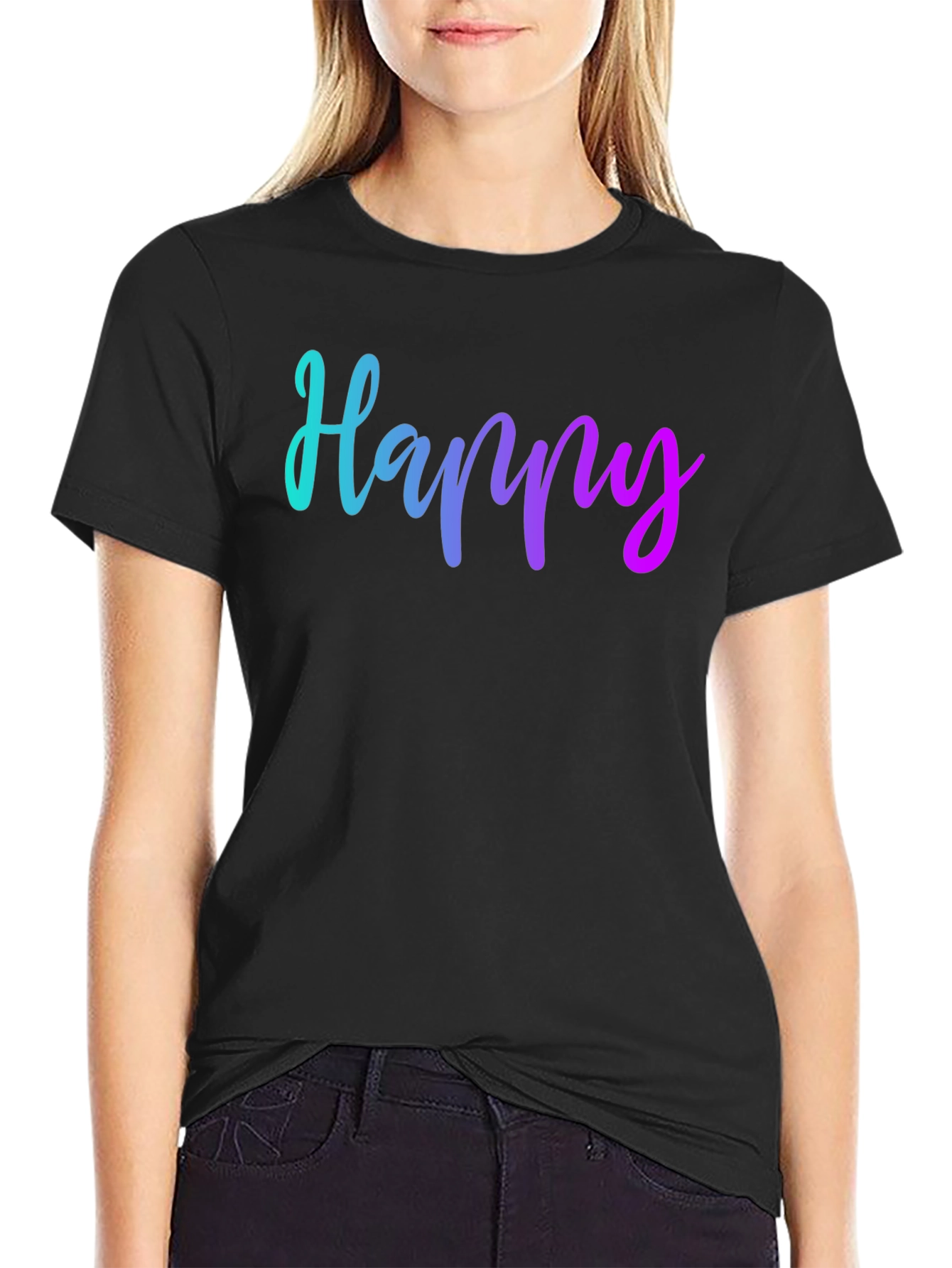 Black Happy Gradient Graphic Black T-Shirt view 2