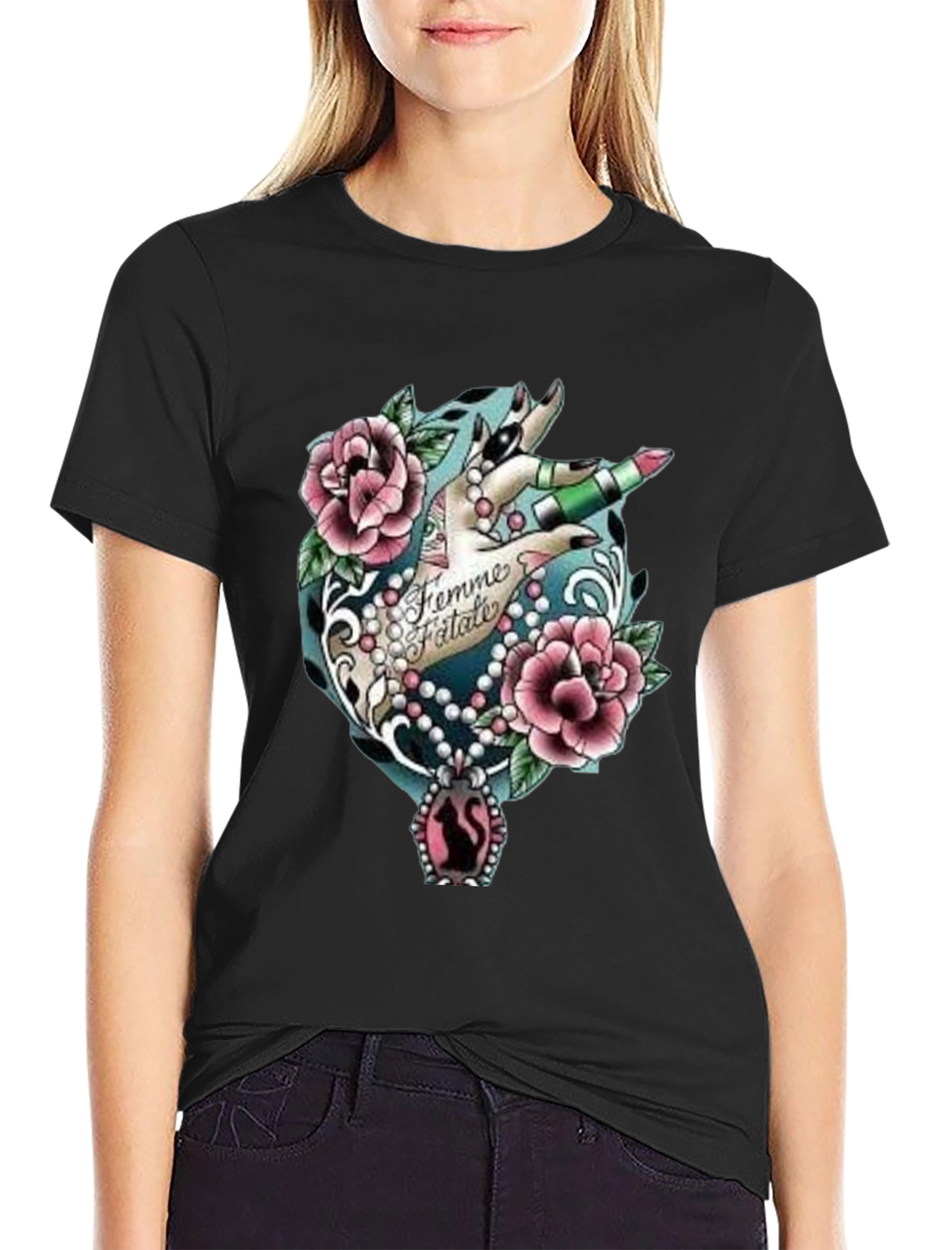 Black Femme Fatale Graphic T-Shirt - Roses & Lipstick Design view 2