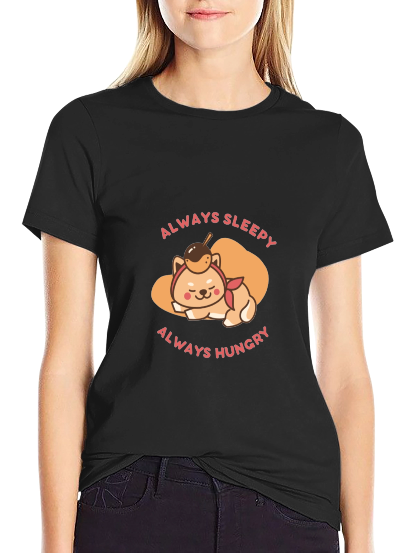 Black Always Sleepy Hungry Shiba Inu T-Shirt view 2