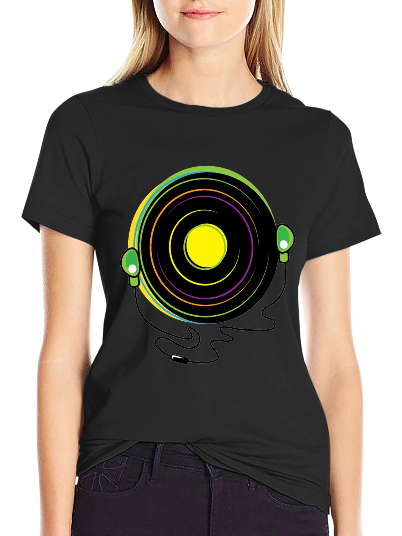Black Groovy Vinyl Record Headphone T-Shirt view 2