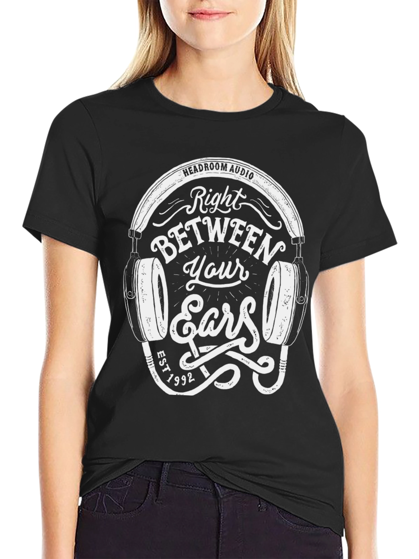 Black Headroom Audio Black T-Shirt Right Between Your Ears Headphones view 2