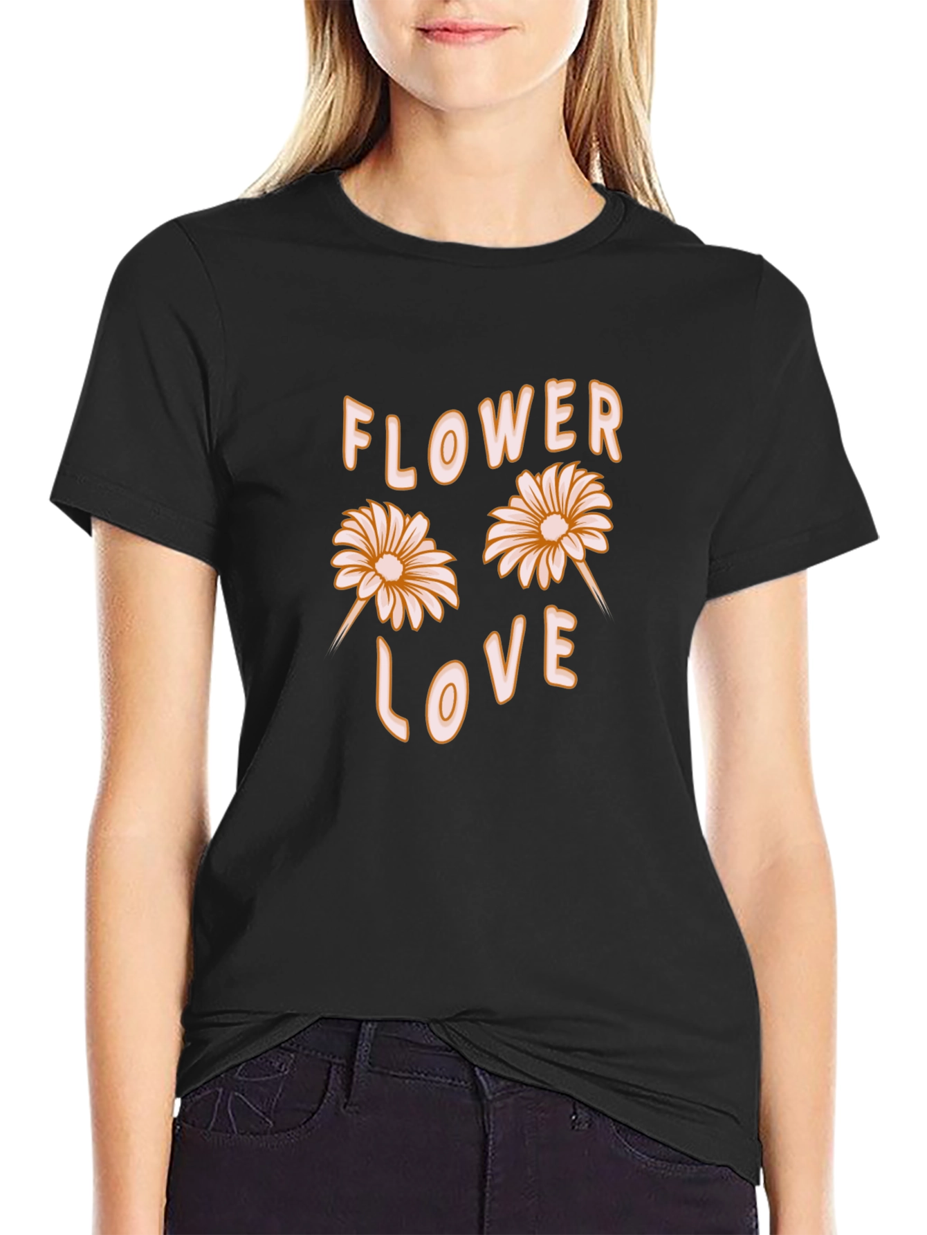 Black Flower Love Graphic Tee - Black Cotton Casual Shirt view 2