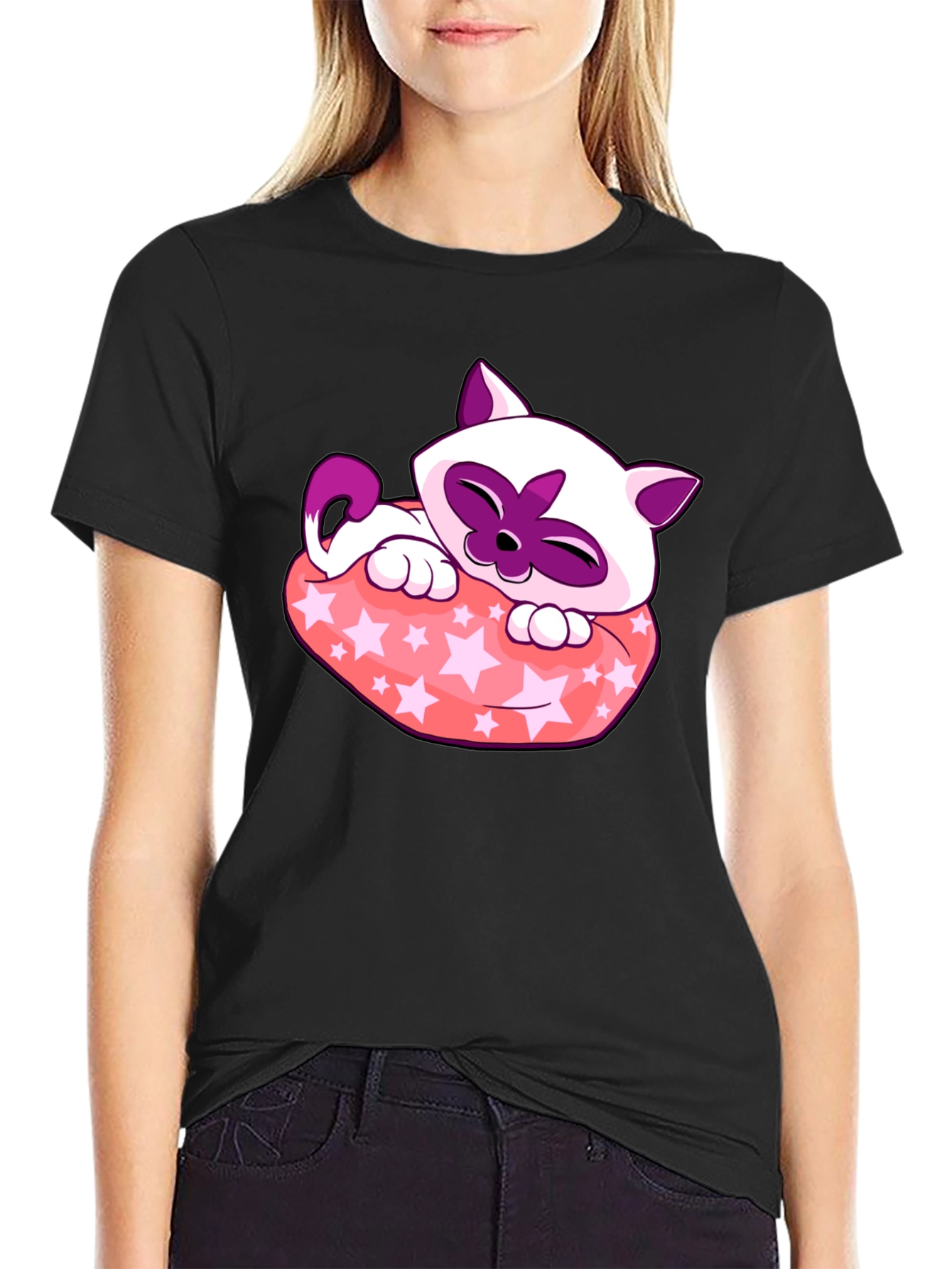 Black Cute Cartoon Cat Star Pillow Black T-Shirt view 2