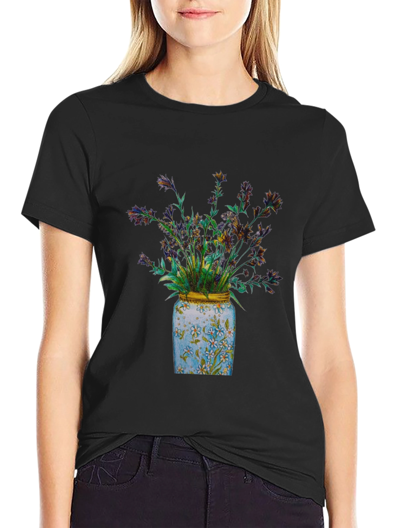 Black Floral Jar Graphic Tee - Soft Cotton Blend view 2