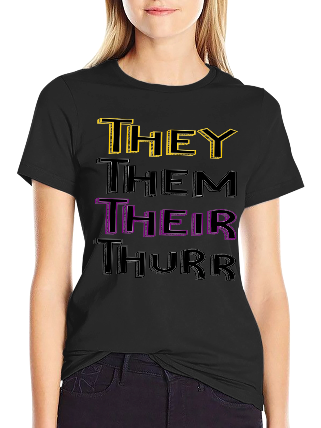 Black Pronoun T-Shirt: They, Them, Their, Thurr - Black view 2