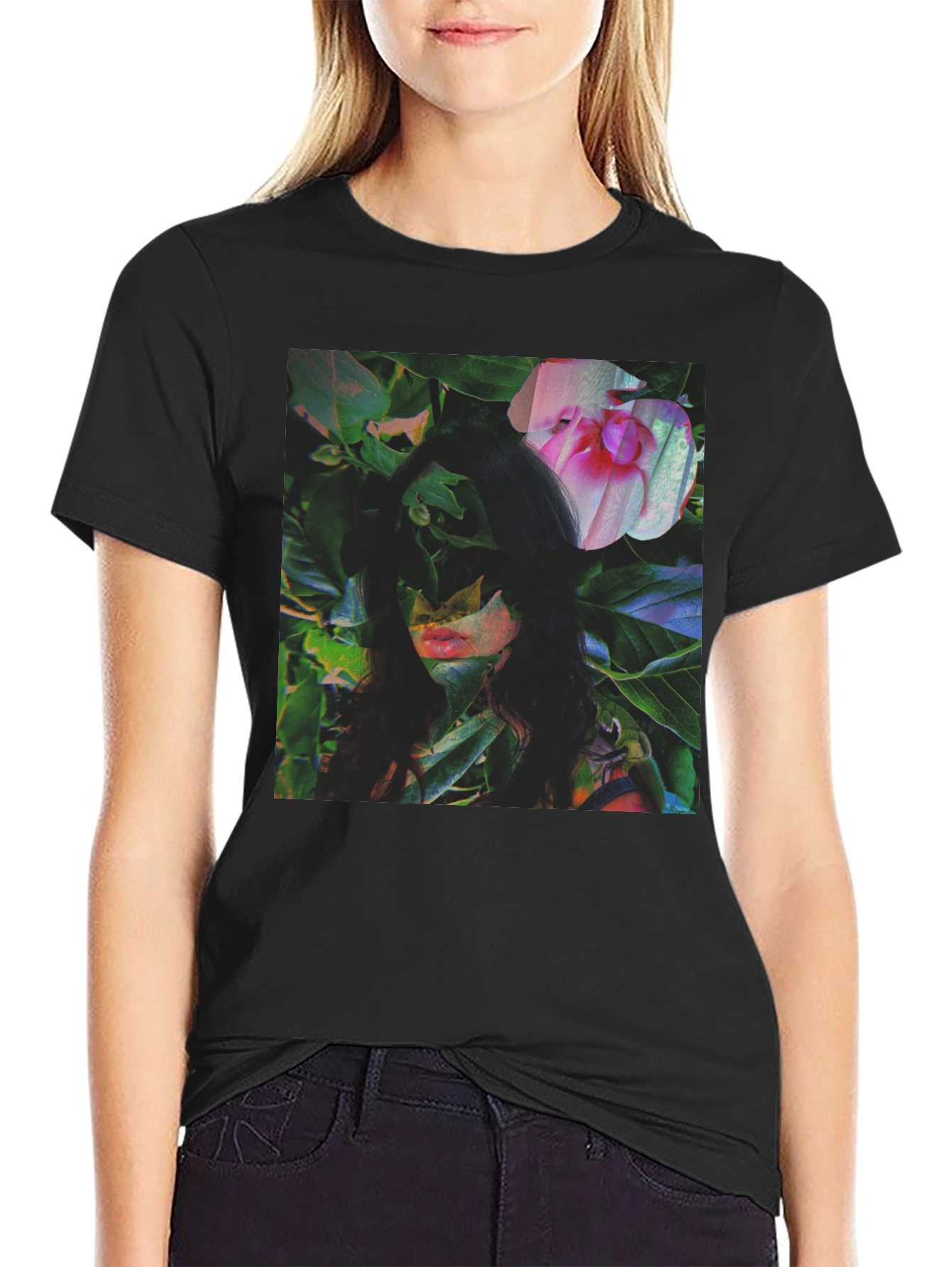 Black Floral Portrait Graphic Tee - Black Cotton Blend view 2