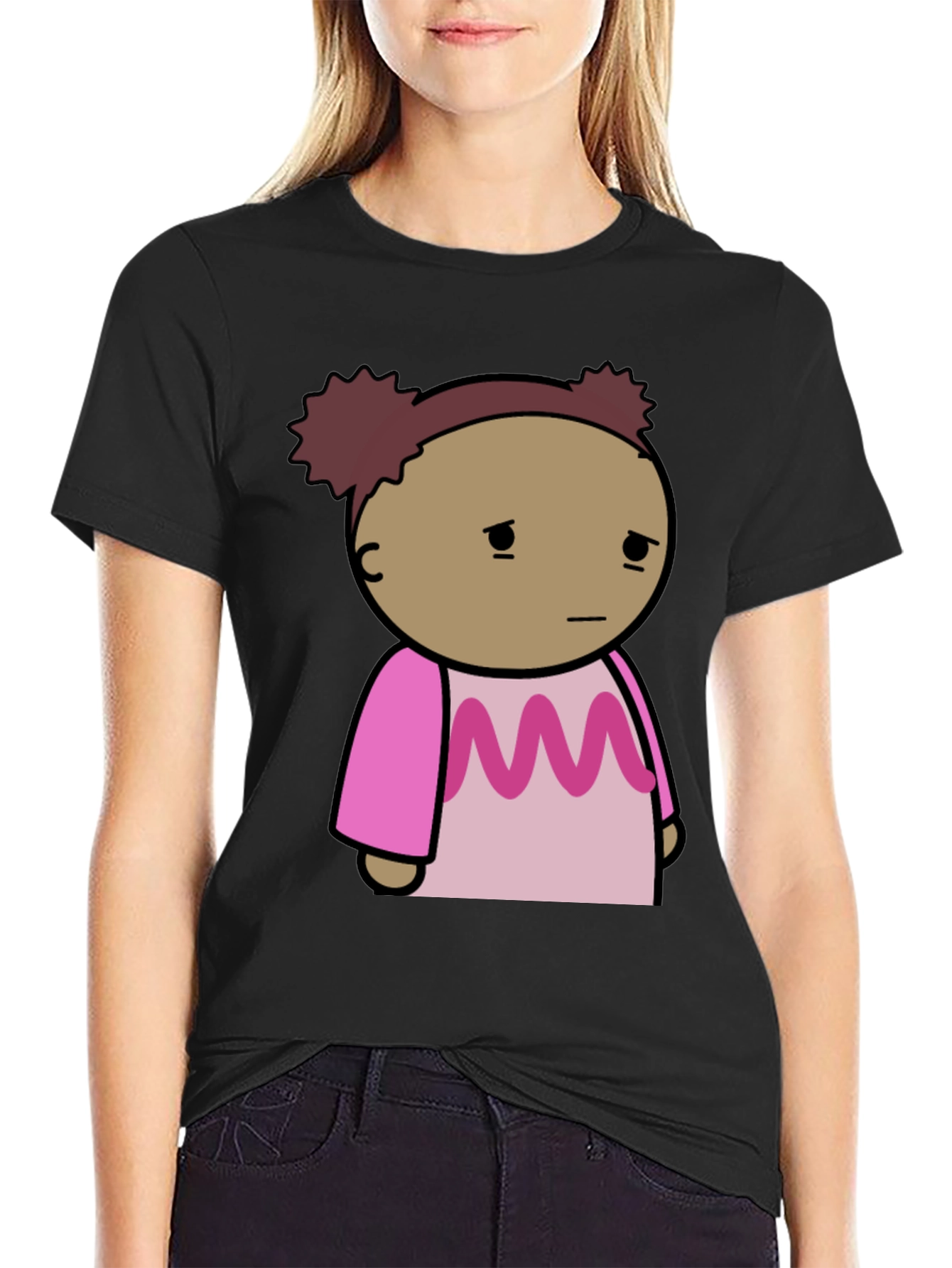 Black Sad Girl Cartoon Graphic T-Shirt view 2