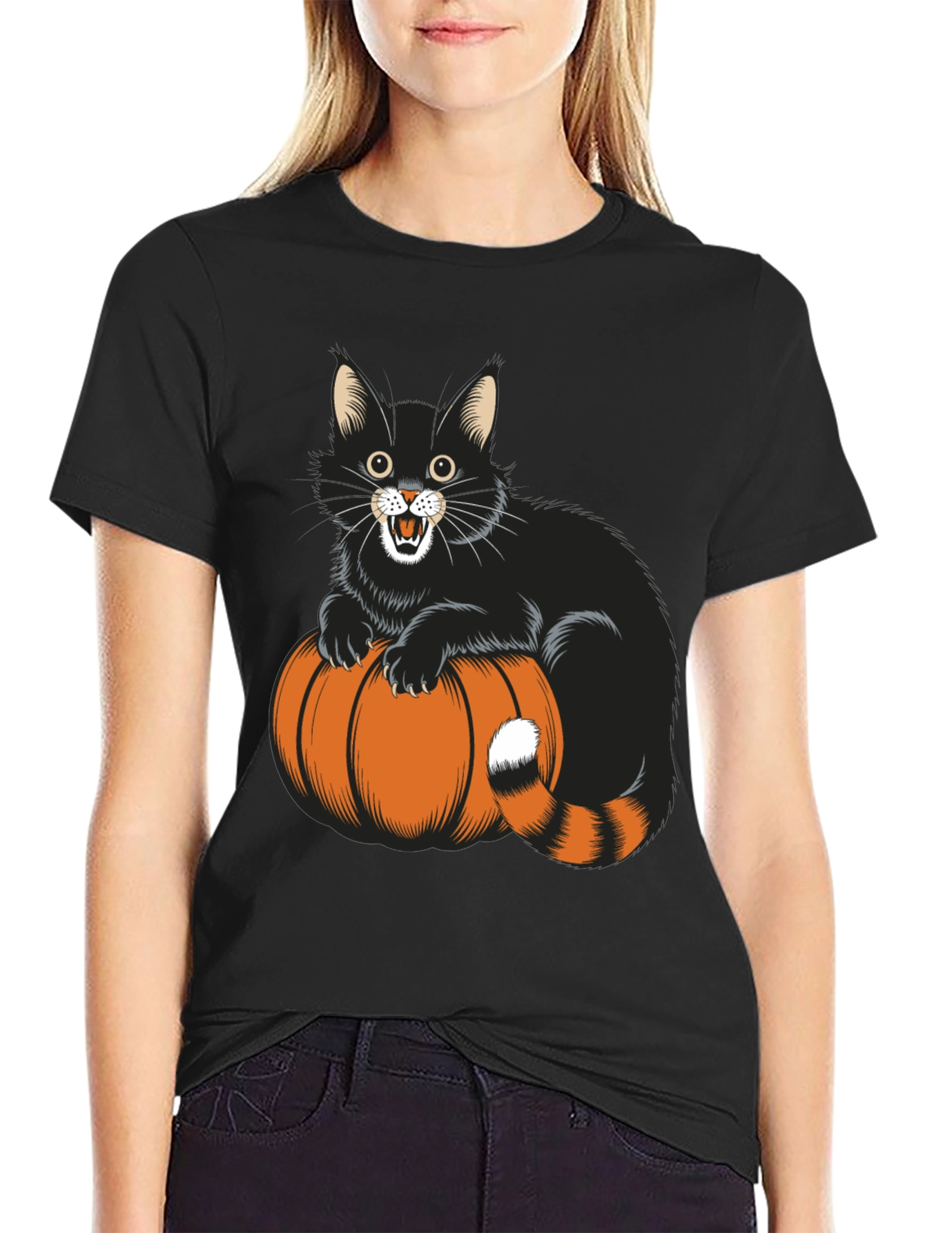 Black Halloween Cat & Pumpkin Black T-Shirt view 2