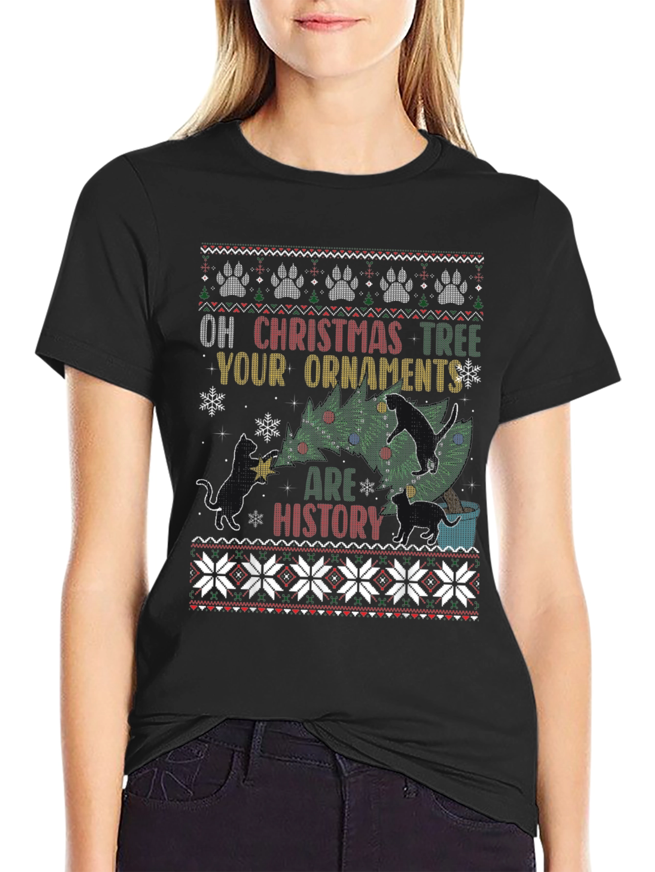 Black Funny Christmas Cat T-Shirt view 2