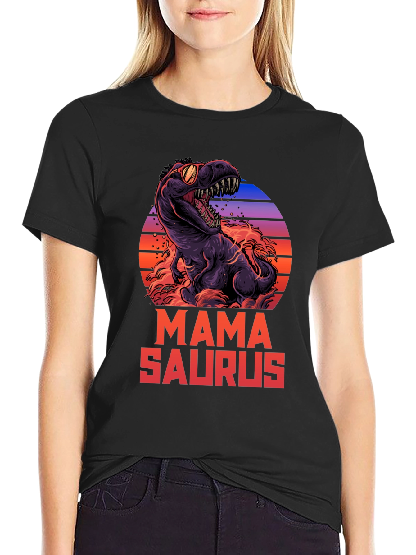Black Mama Saurus Dinosaur Graphic T-Shirt view 2