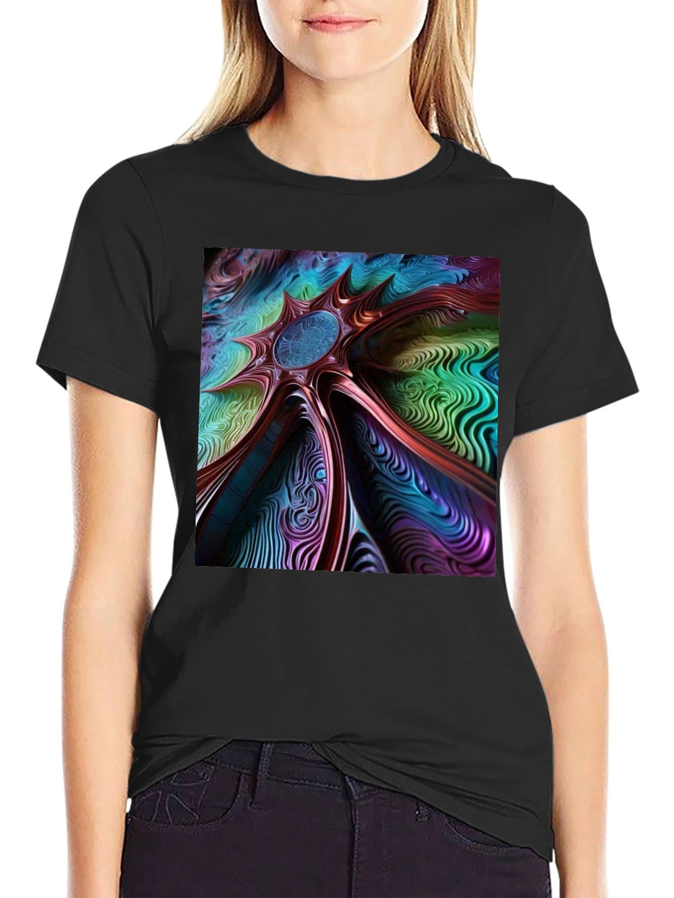 Black Abstract Art Tee: Colorful Vortex Design view 2