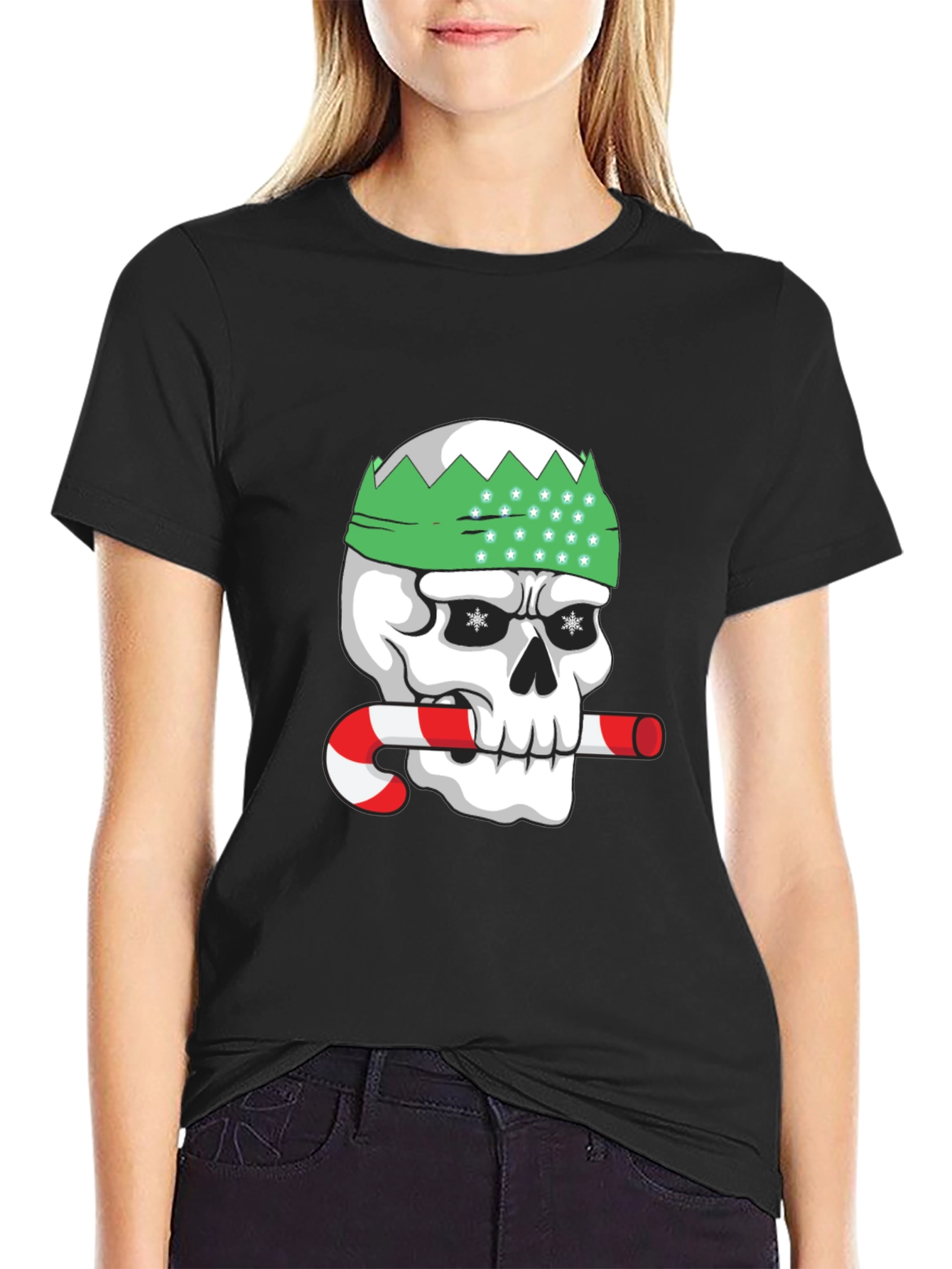 Black Festive Skull Graphic Tee - Holiday Humor view 2