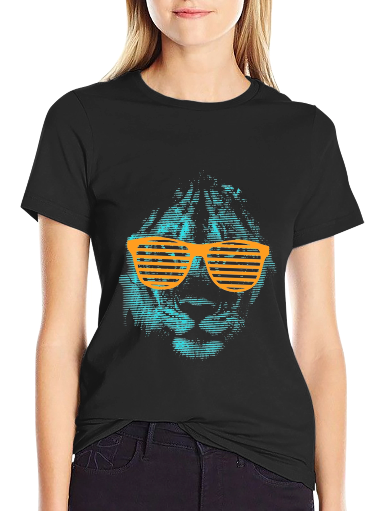 Black Cool Lion Graphic Tee with Orange Shutter Shades view 2