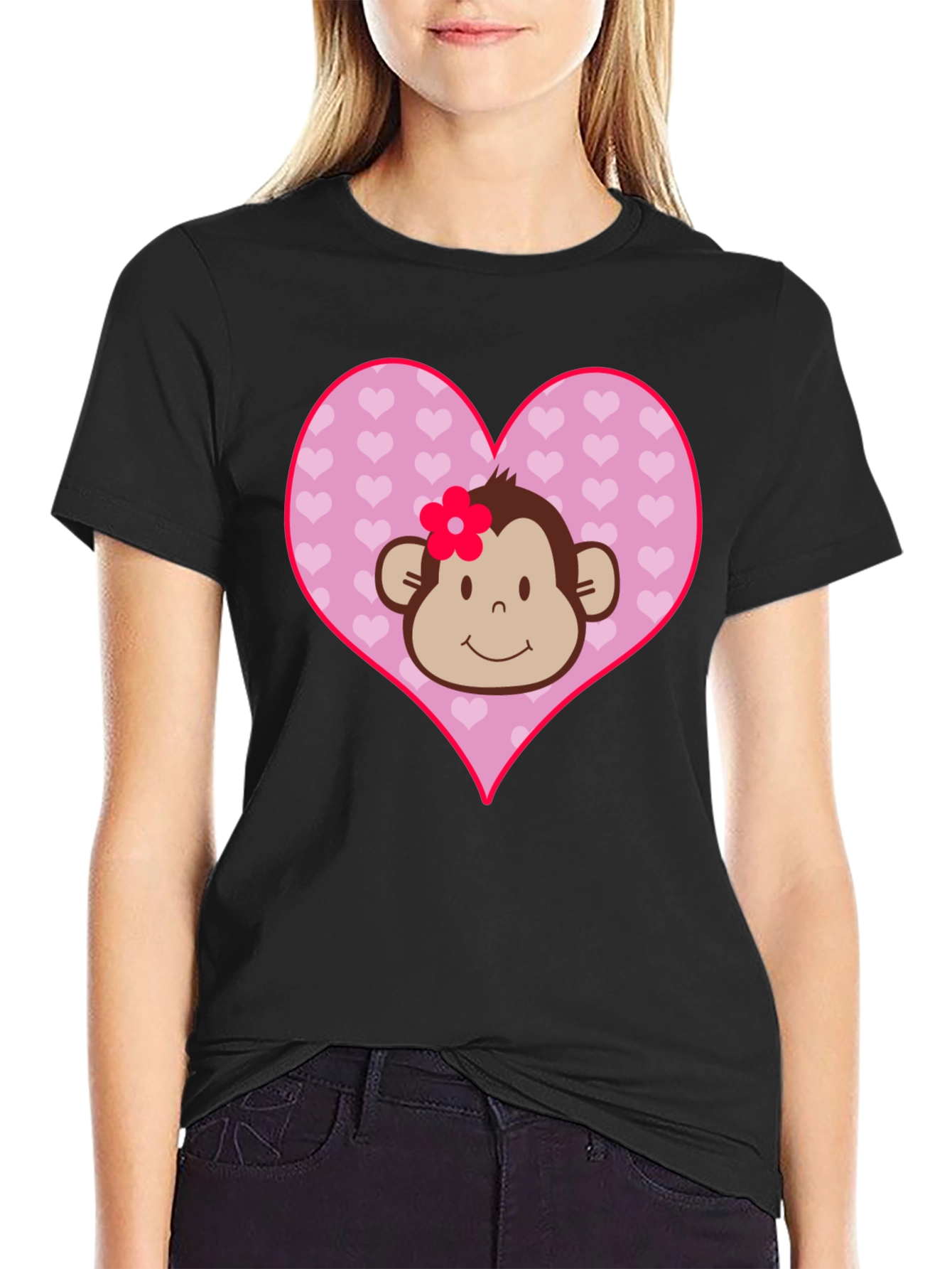 Black Cute Monkey Heart Graphic Tee - Black Cotton Shirt view 2