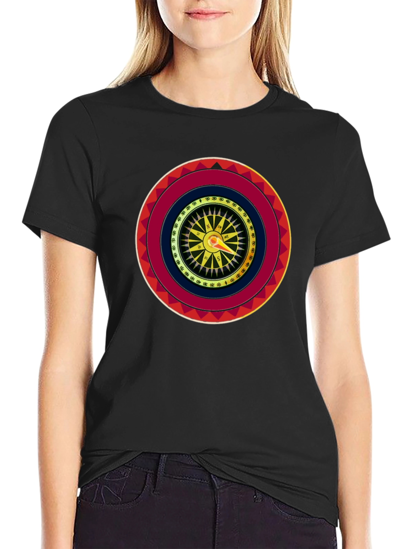 Black Compass Graphic Print Crew Neck T-Shirt view 2