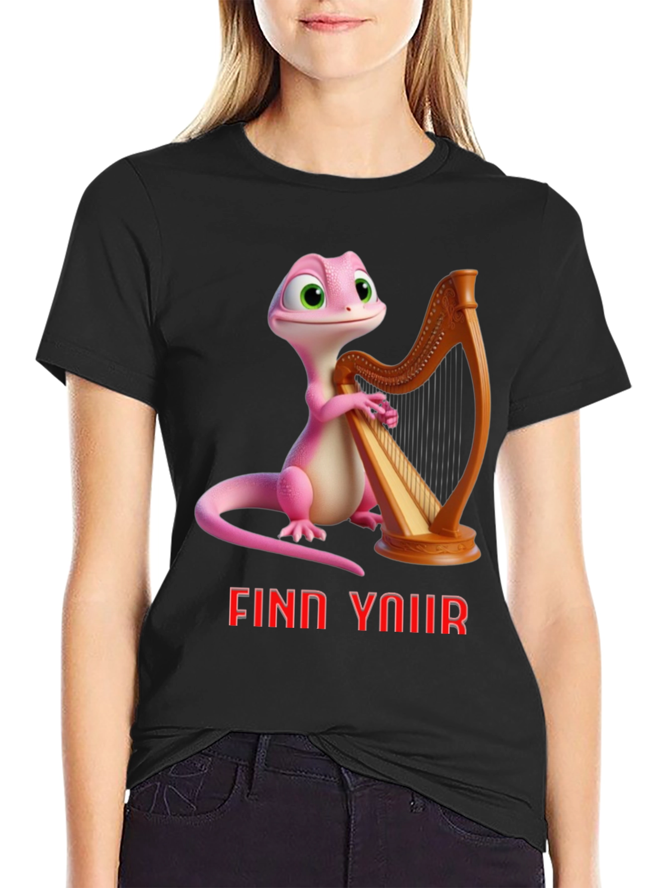Black Whimsical Gecko Harpist Graphic Tee view 2