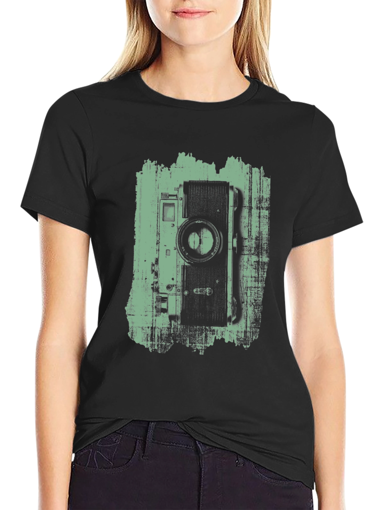 Black Vintage Camera Graphic Tee - Black Cotton T-Shirt view 2