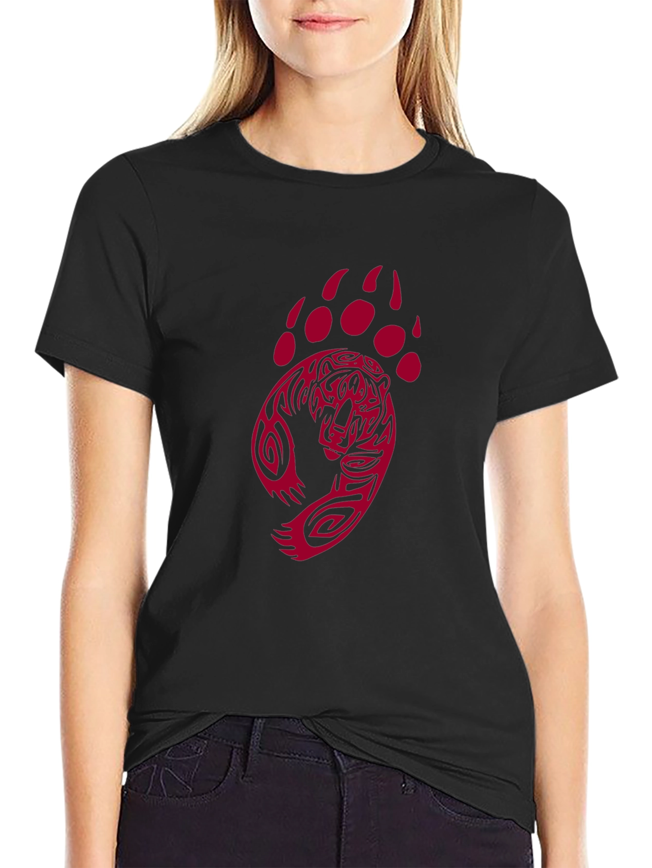 Black Men's Black T-Shirt with Red Bear Paw Design view 2