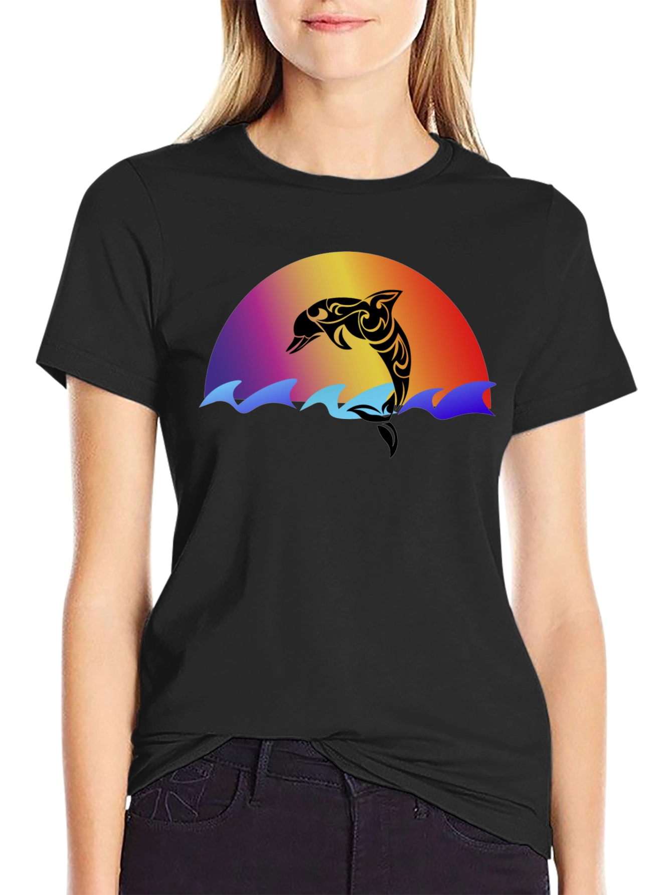 Black Tribal Dolphin Sunset Graphic T-Shirt view 2