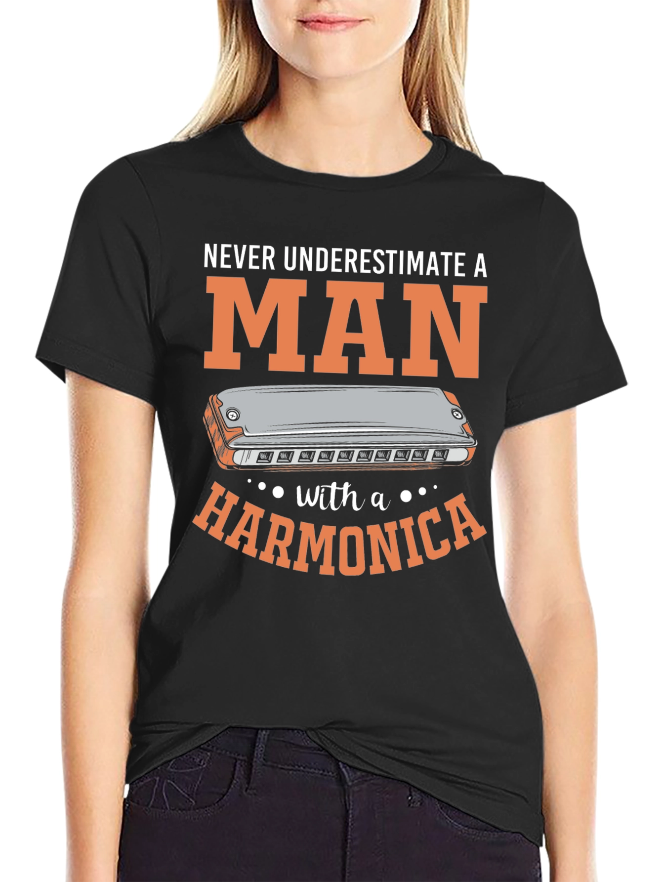 Black Harmonica Man T-Shirt - Music Lover Tee view 2