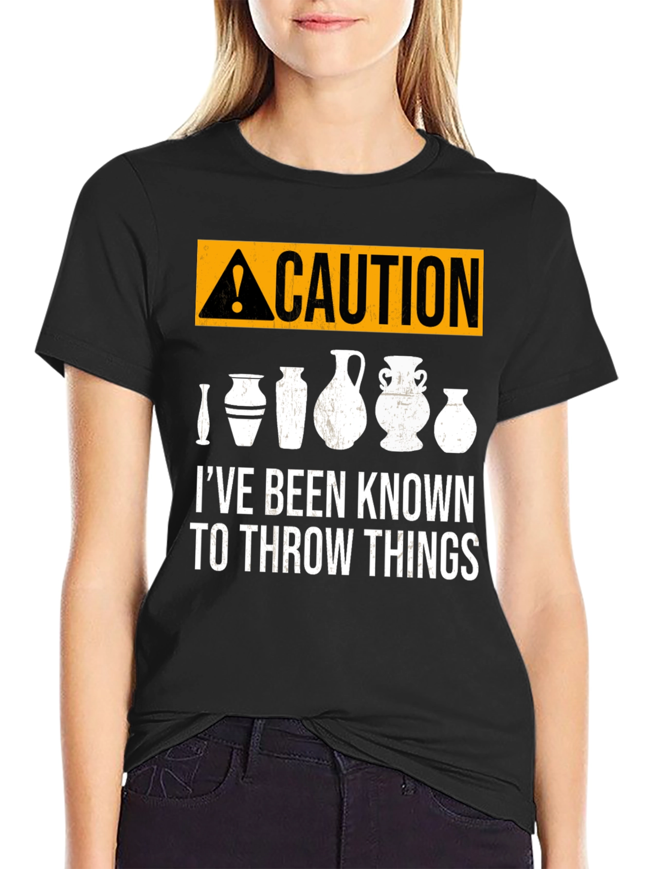Black Caution: I Throw Things - Pottery T-Shirt view 2