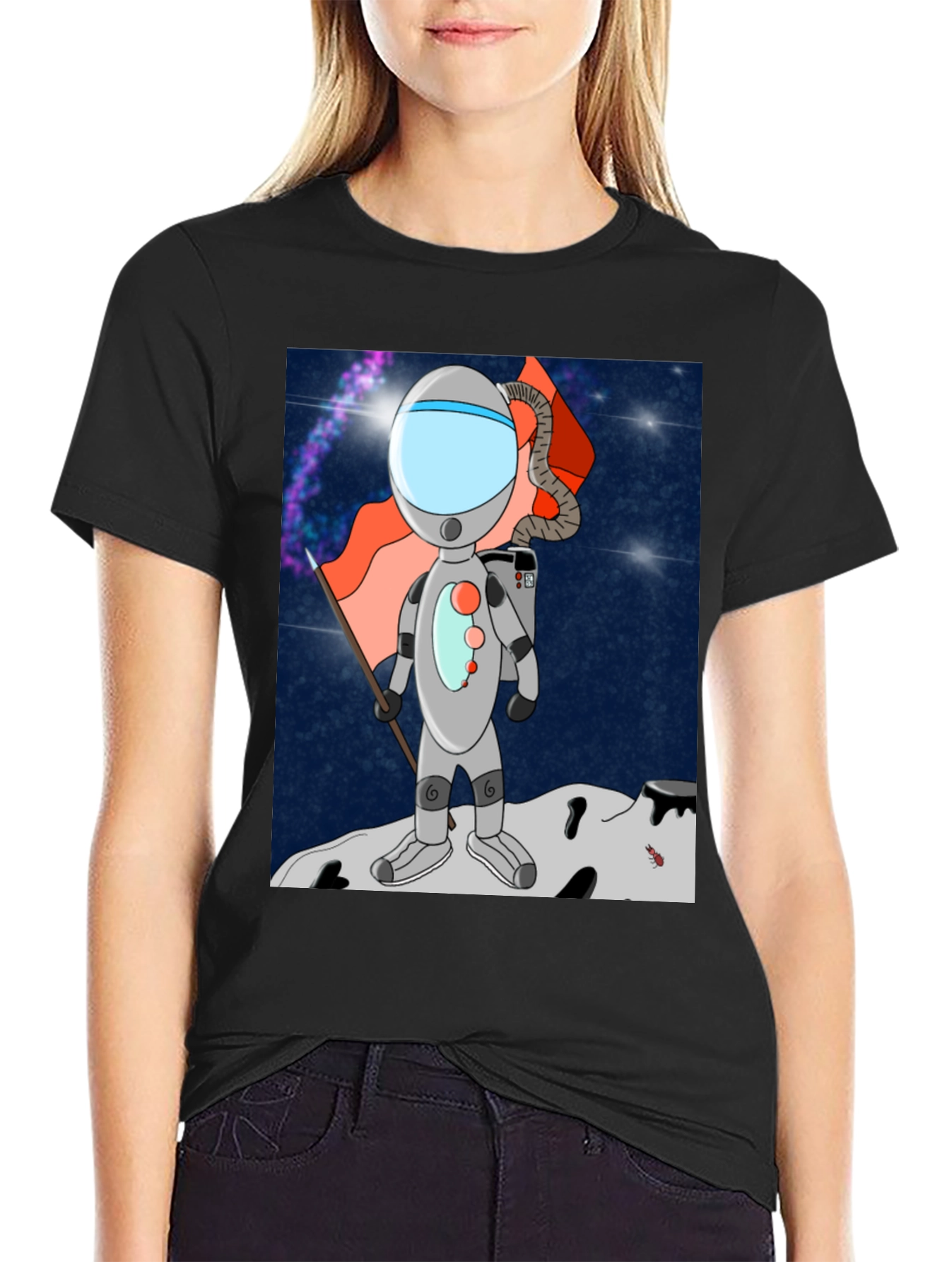 Black Astronaut Cartoon Graphic Tee view 2